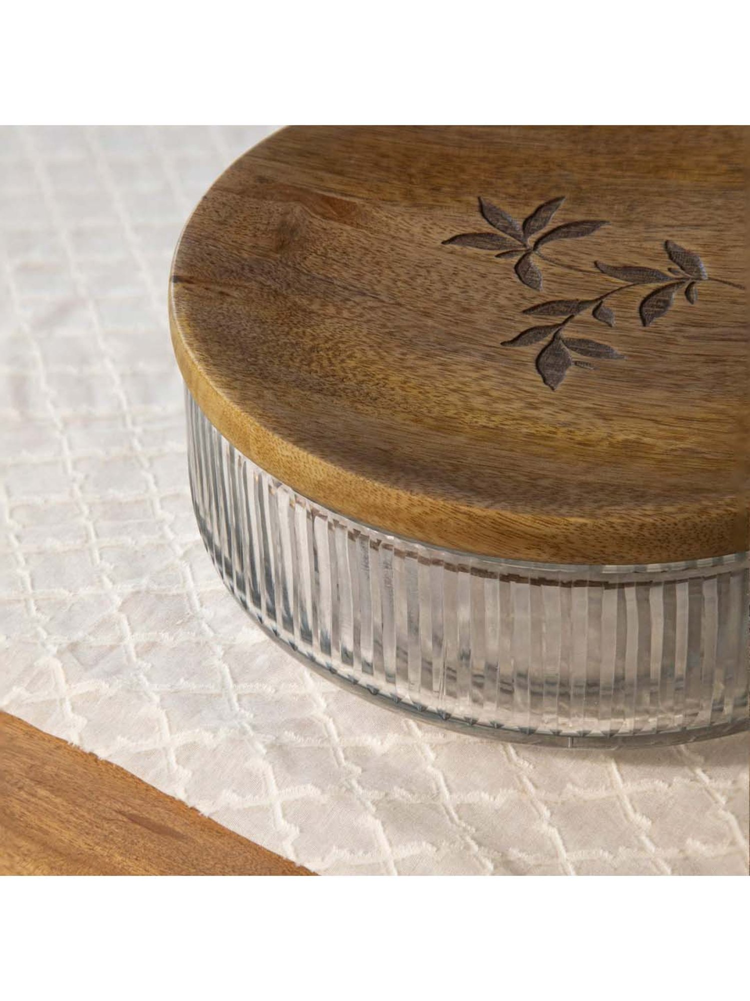 Ellementry 'Meissa' Transparent & Brown Glass Roti Box With Wooden Lid (1.1 L) - Set of 1