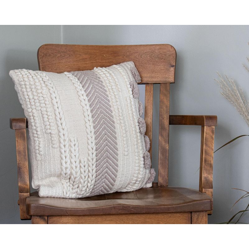 Striped Hand Woven 18x18" Decorative Cotton Throw Pillow with Hand Braided Accents and Pom Poms - Foreside Home & Garden