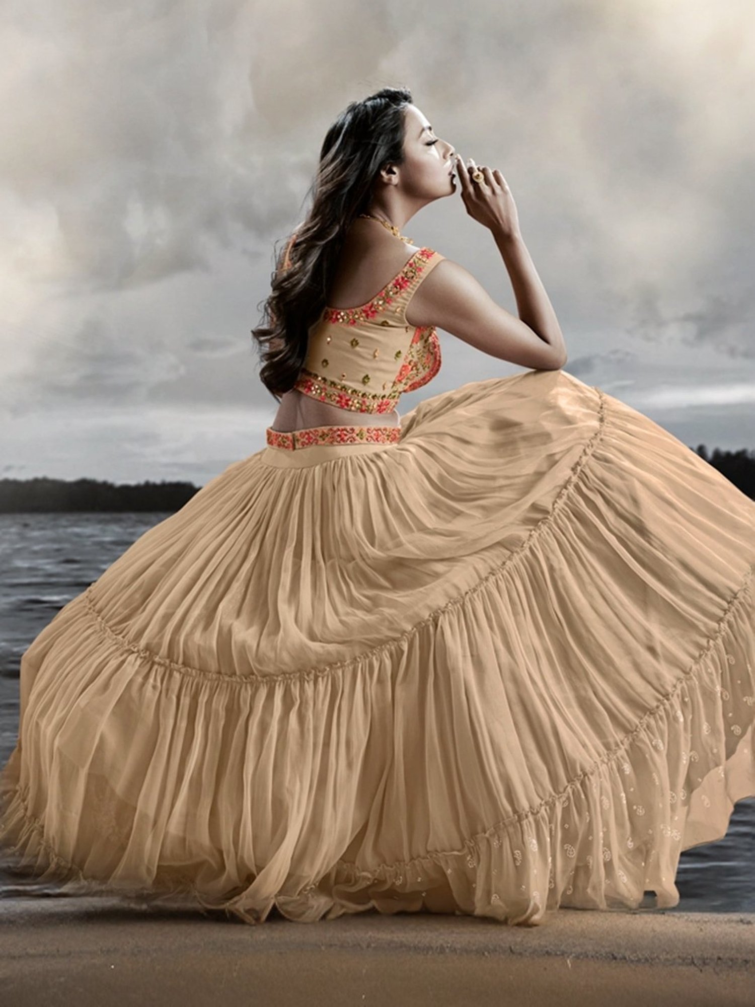 Odette Beige Plain Lehenga Choli Set With Dupatta