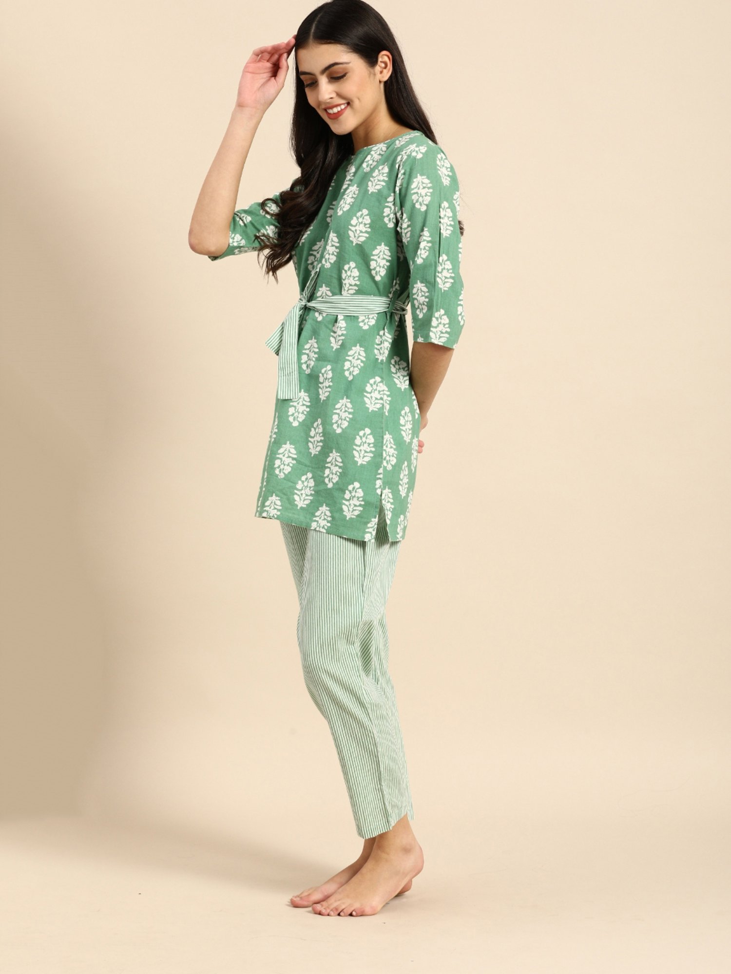 Clt.s Green Printed Tunic With Pyjamas