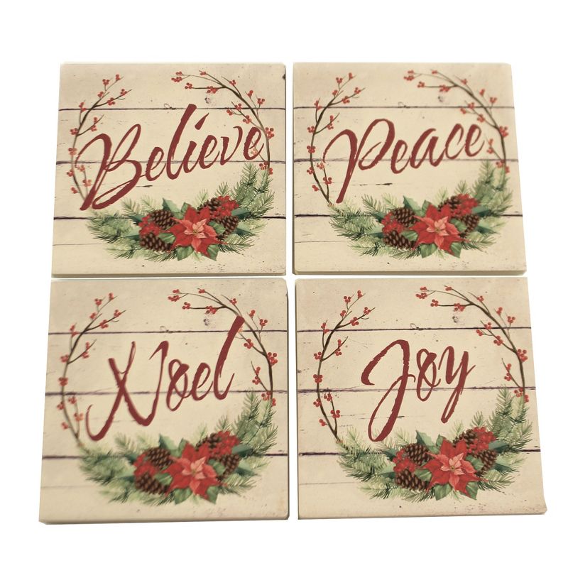 Tabletop 4.0" Christmas Wreath Coasters Absorbent St/4 Poinsettia Carson Home Accents  -  Coasters
