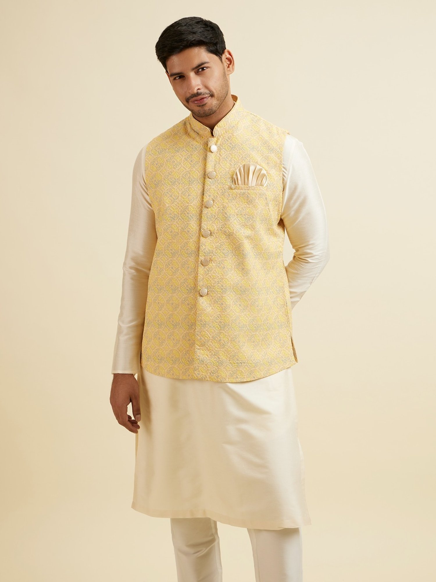 Manyavar Yellow Regular Fit Embroidered Nehru Jacket