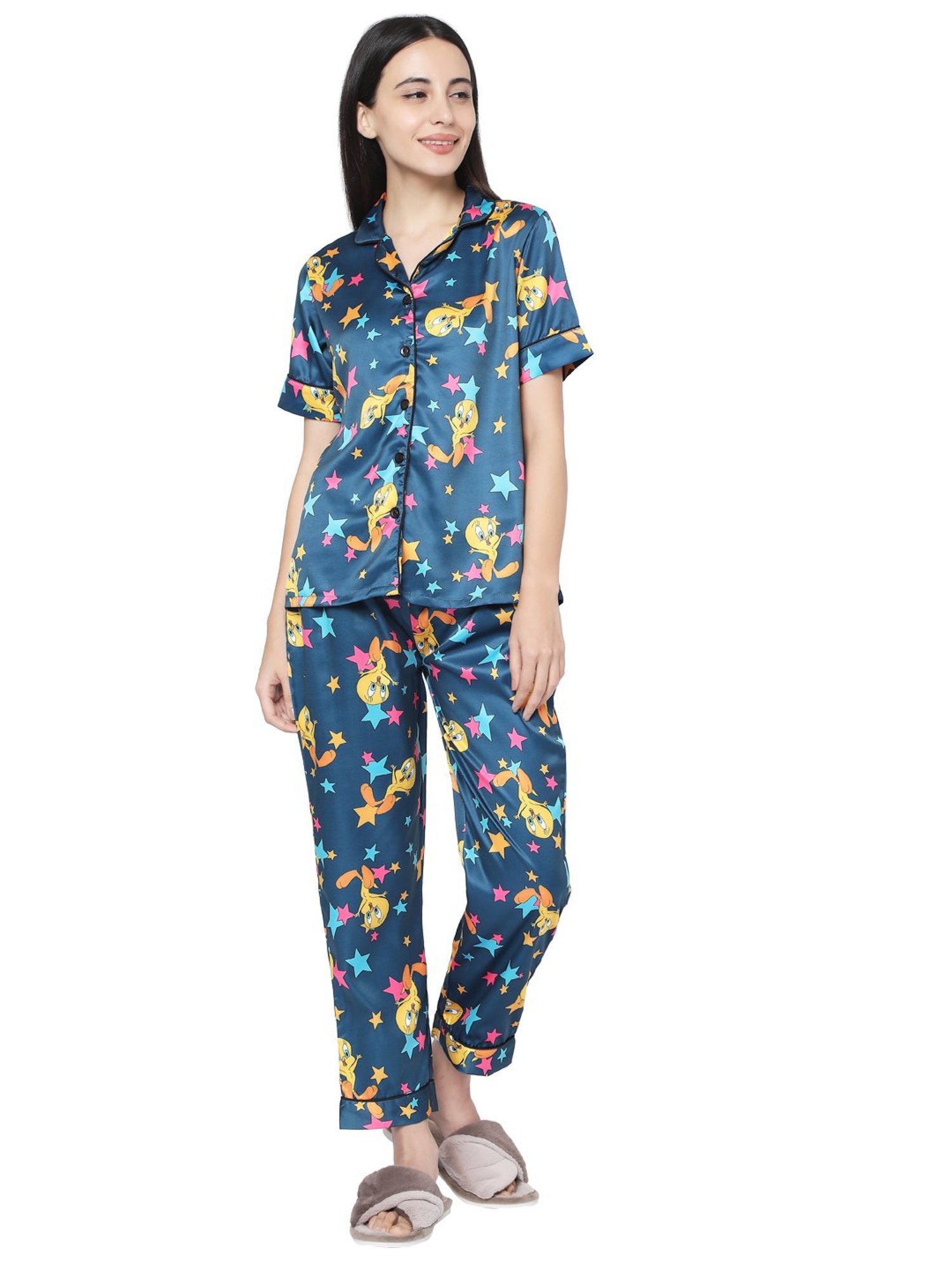 Smarty Pants Blue Satin Print Shirt With Pyjamas