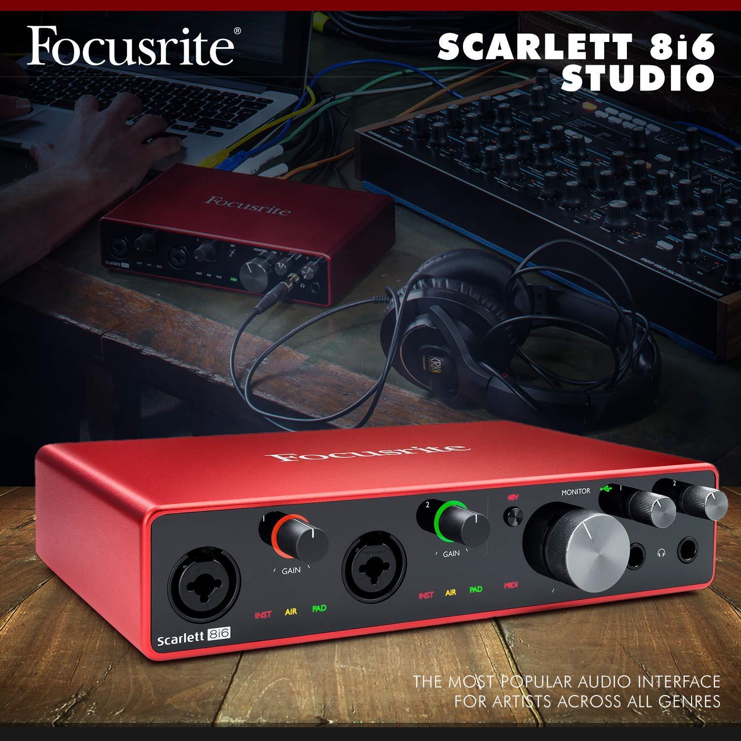 Focusrite Scarlett 8i6 8-in 6-out USB Audio Interface + Samson SR360 Over-Ear Dynamic Stereo Headphones, Cables, and Fibertique Microfiber Cleaning Cloth