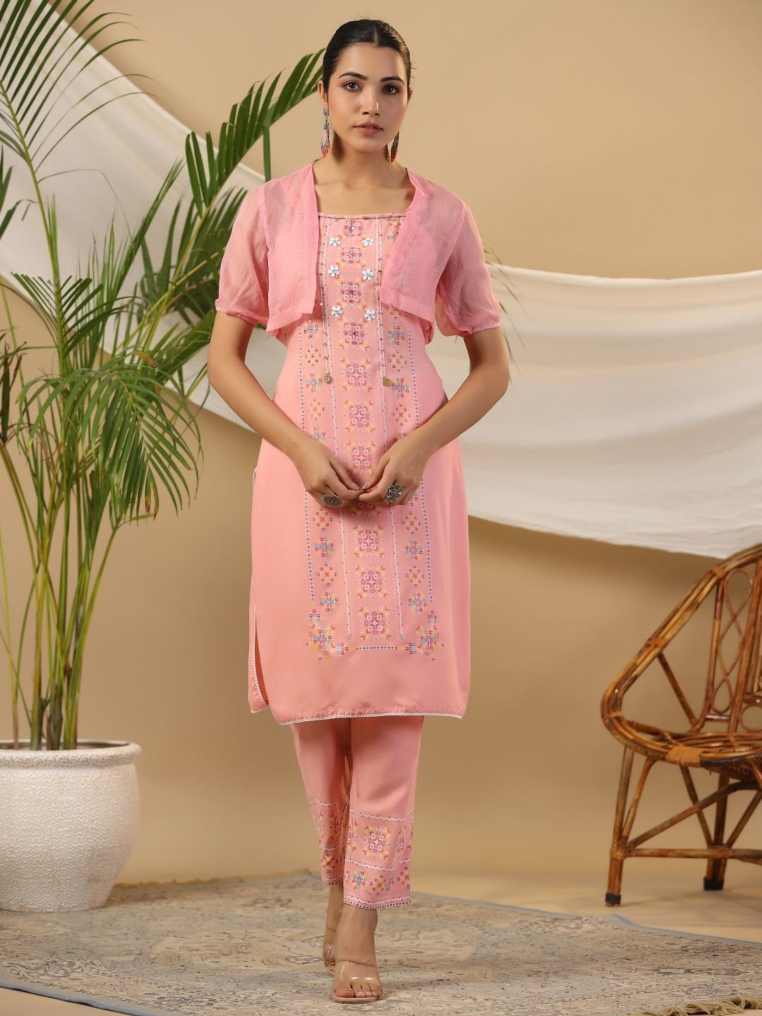 Juniper Peach Geometric Printed Rayon Kurta Pants & Jacket With Sequins Work