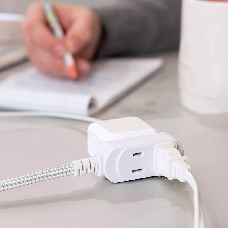 White/Gray, Designer 3-Outlet Extension Cord, 15 Ft Braided Cable, 2-Prong Power Strip, Slide-to-Lock Safety, Low-Profile Flat Plug, Polarized, ETL Listed, 43431-T1, 15 Ft, 15 Ft