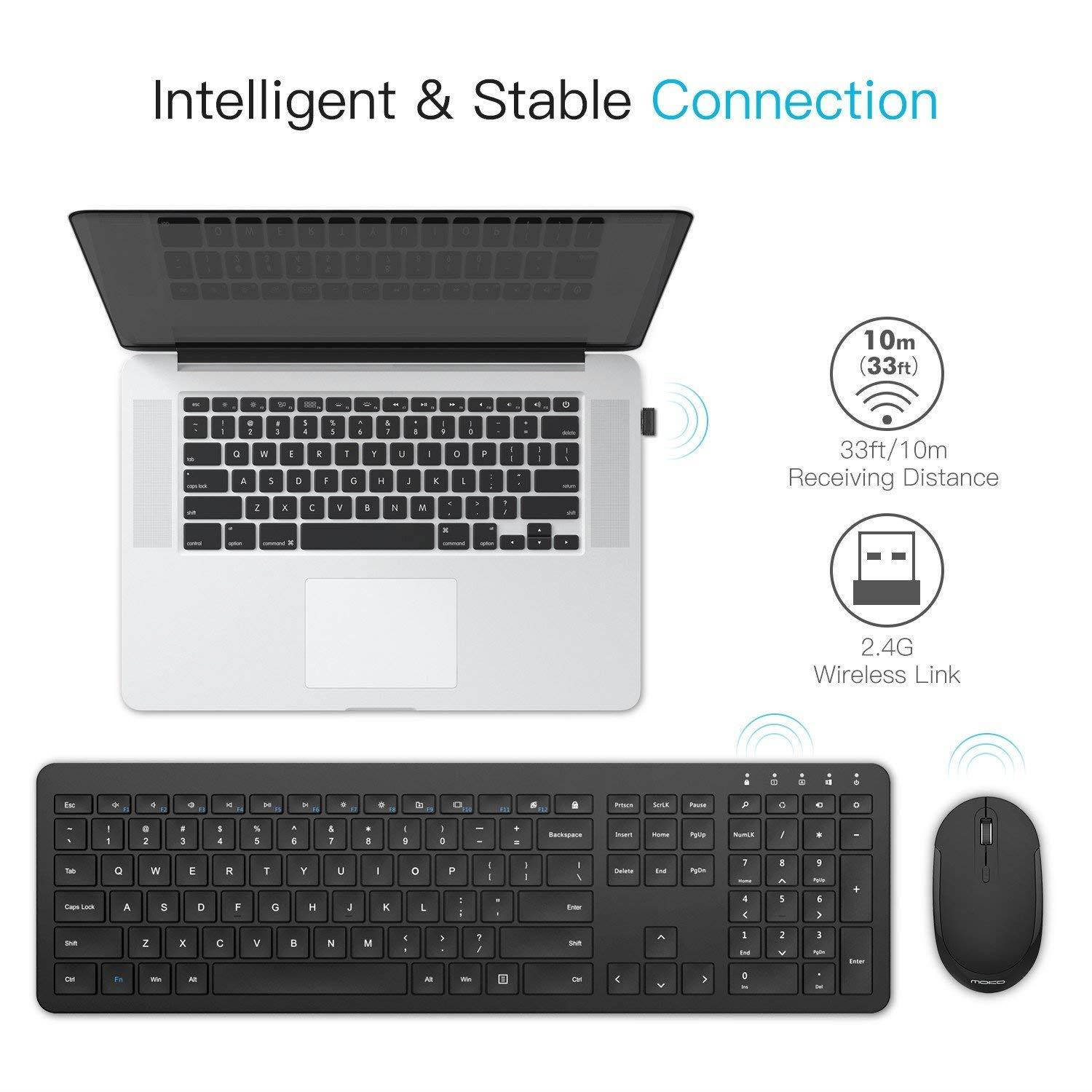 MoKo Slim Keyboard and Mouse Set, Ultra-thin 2.4G Light Full-Size Wireless Keyboard & Mouse Combo with Nano USB Receiver for Android, Windows, Laptop, Desktop, PC, Notebook, Computer - Black