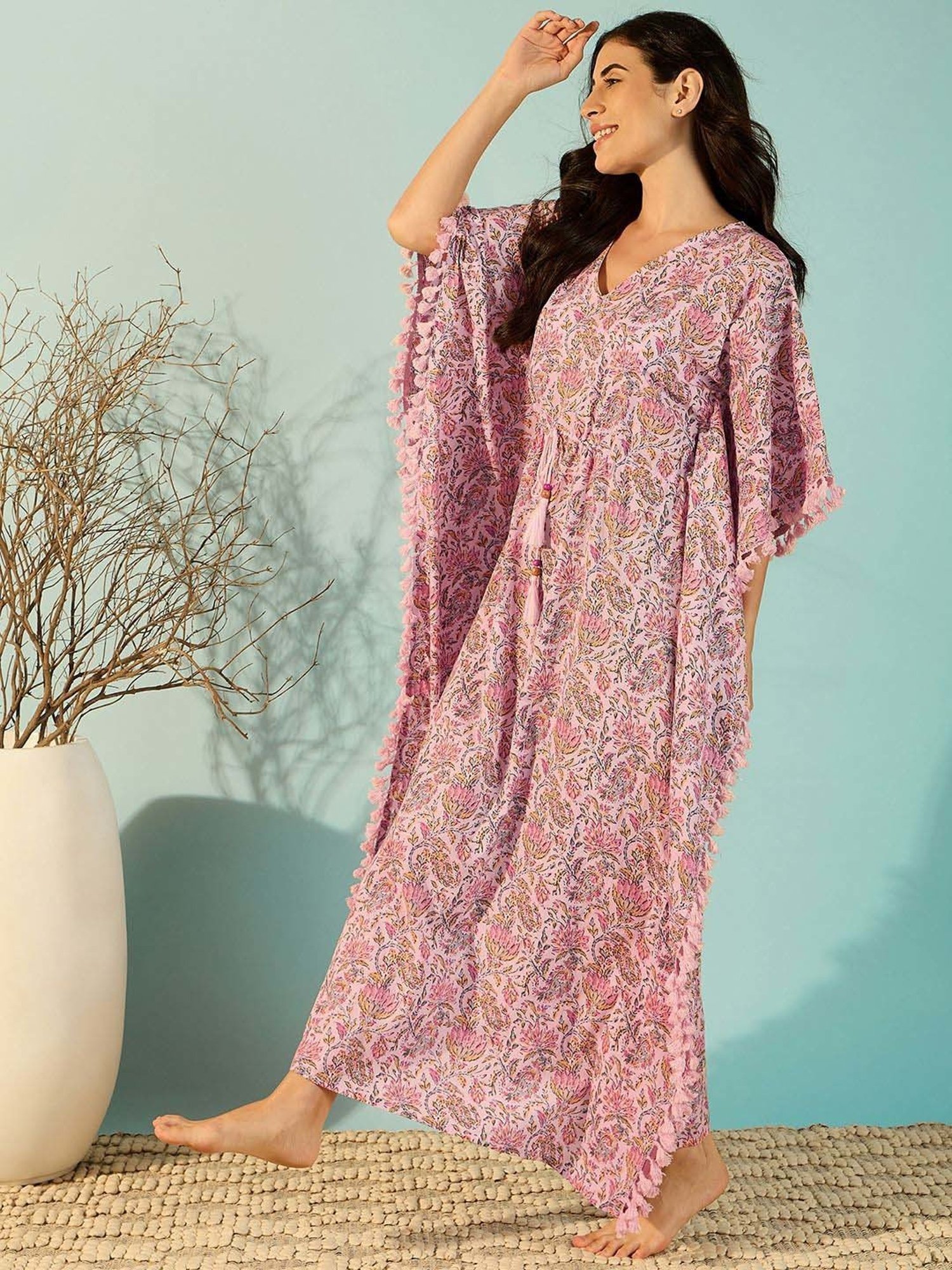 The Kaftan Company Pink Cotton Printed Kaftan