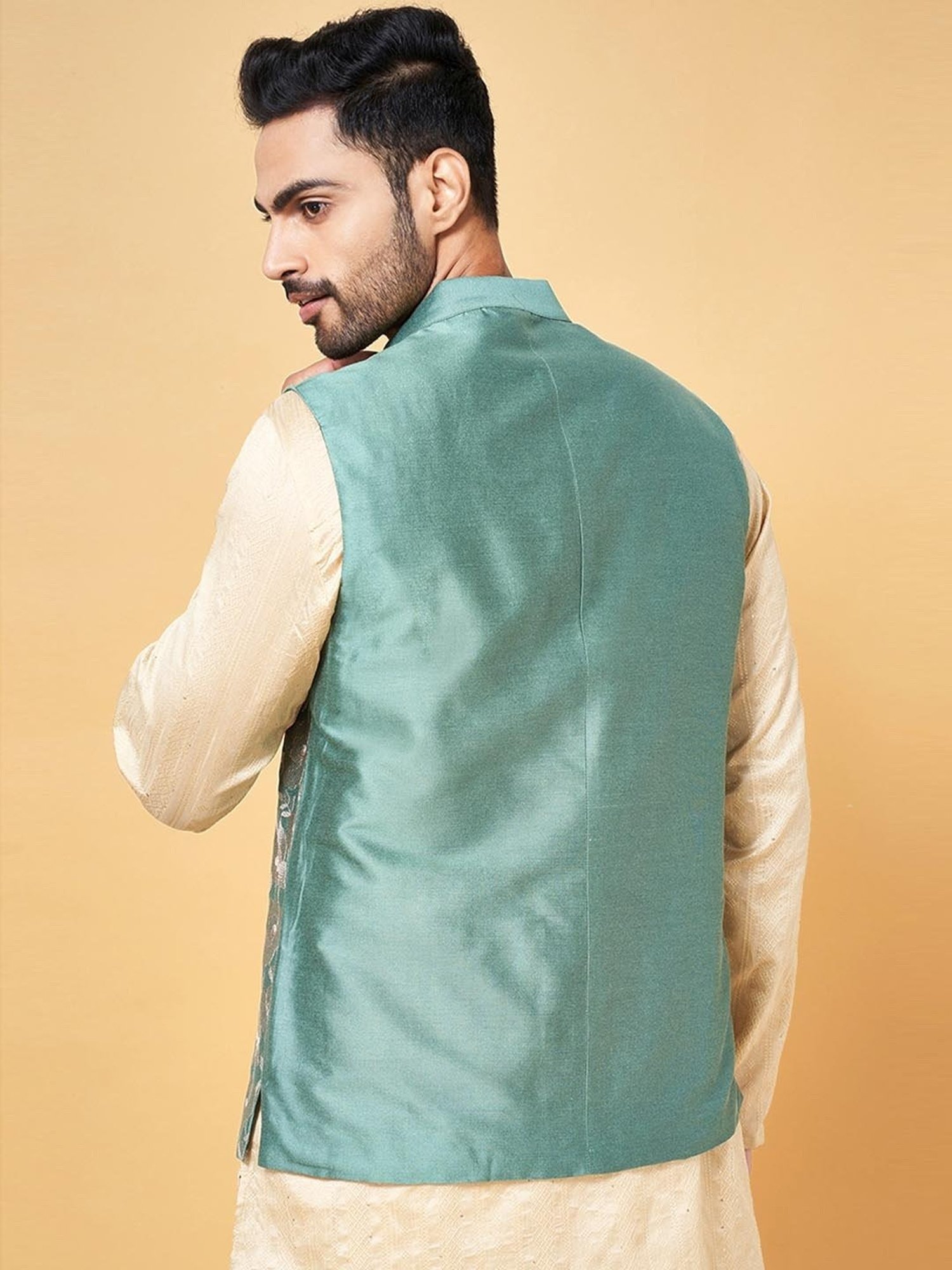Indus Route by Pantaloons Sage Green Regular Fit Embroidered Nehru Jacket