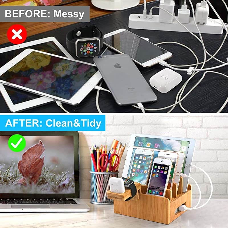 Charging Station for Multiple Devices with 5 Port USB Charger 5 Charger Cables and AirPod Watch Stand Pezin Hulin Desk Wood Docking Stations Electronic Organizer for Cell Phone Tablet