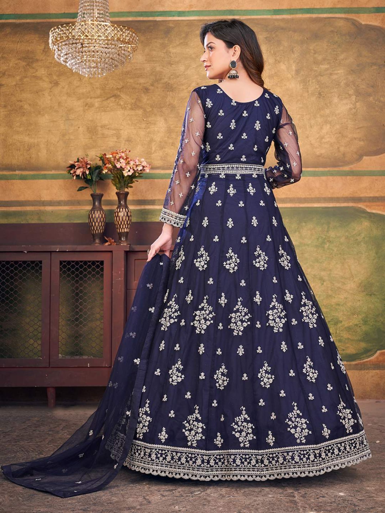 Odette Navy Embroidered Unstitched Dress Material