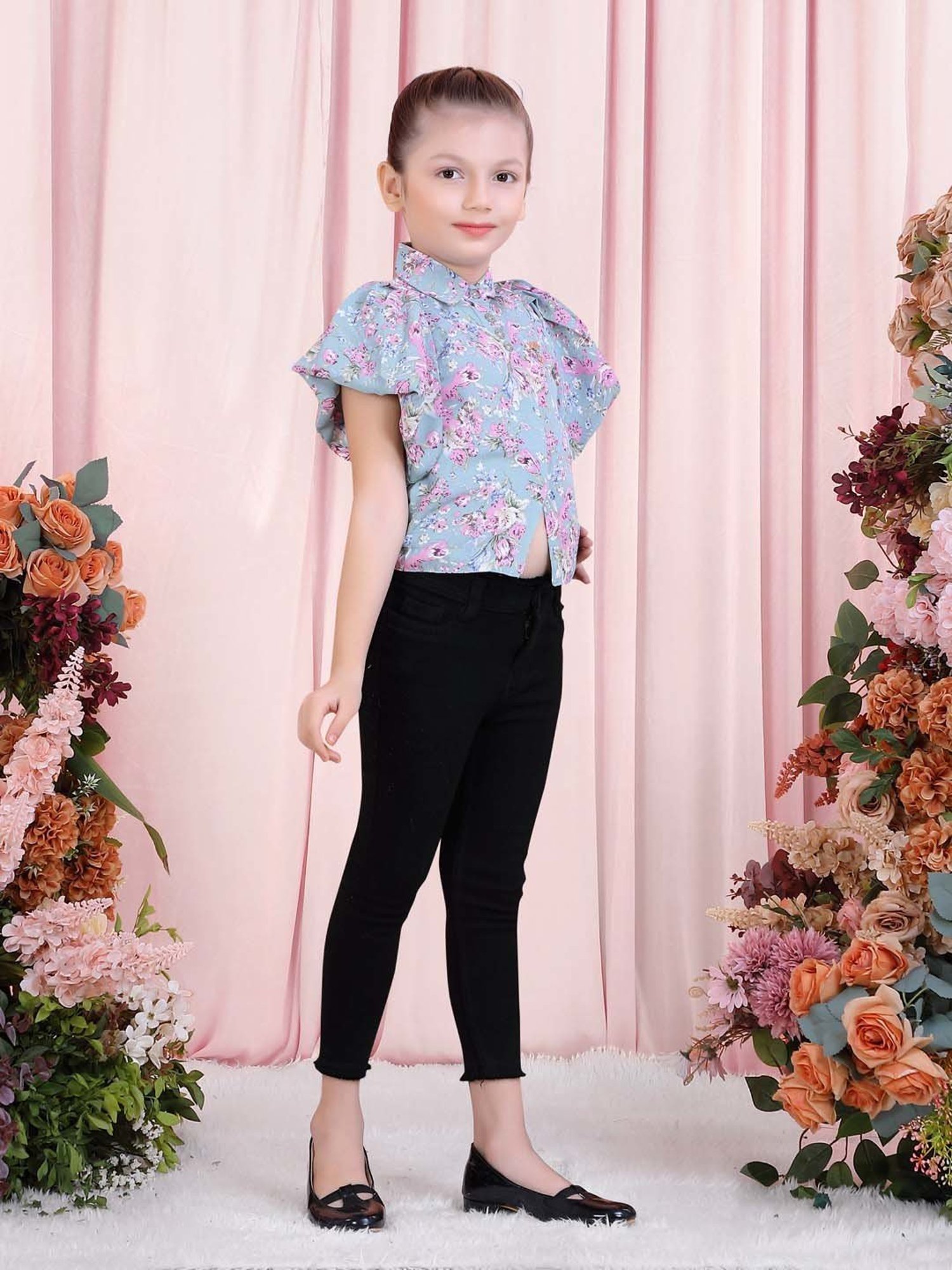 poplins Kids Blue & Pink Cotton Floral Print Top