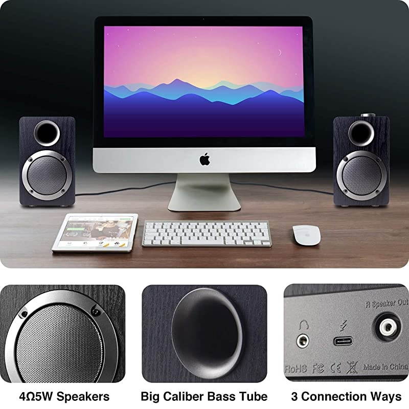 PC Computer Speakers Mica PB20i with 20CH Surround Sound Wooden Wired LED Volume Control Mini Speaker for Multiple Devices Black
