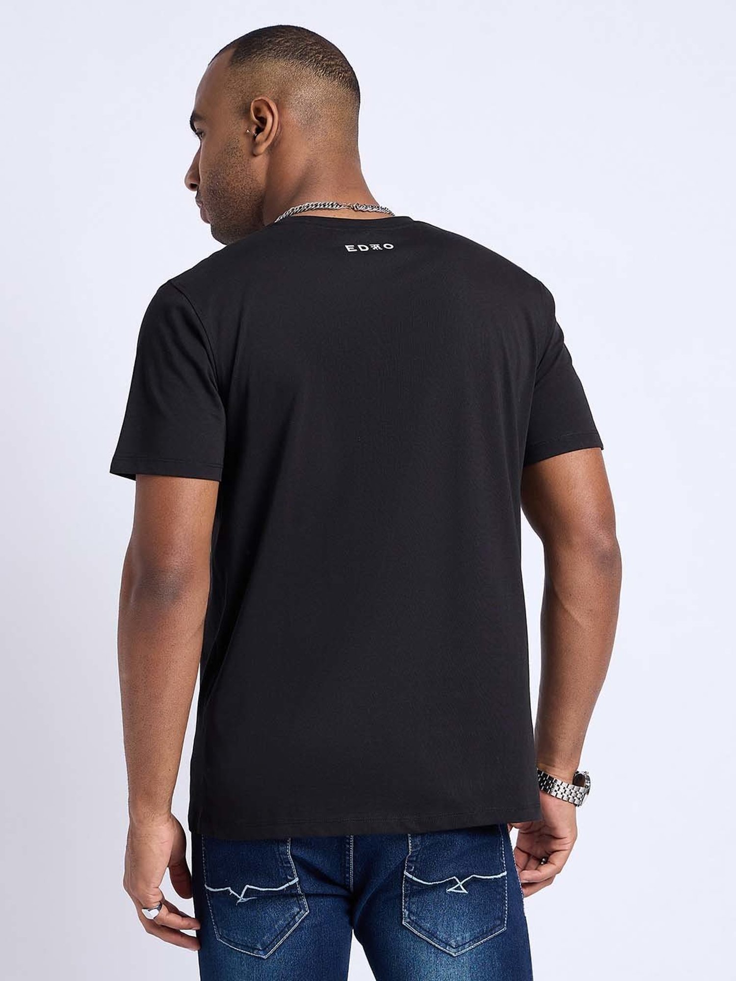 EDRIO Black Regular Fit Graphic Print Crew T-Shirt