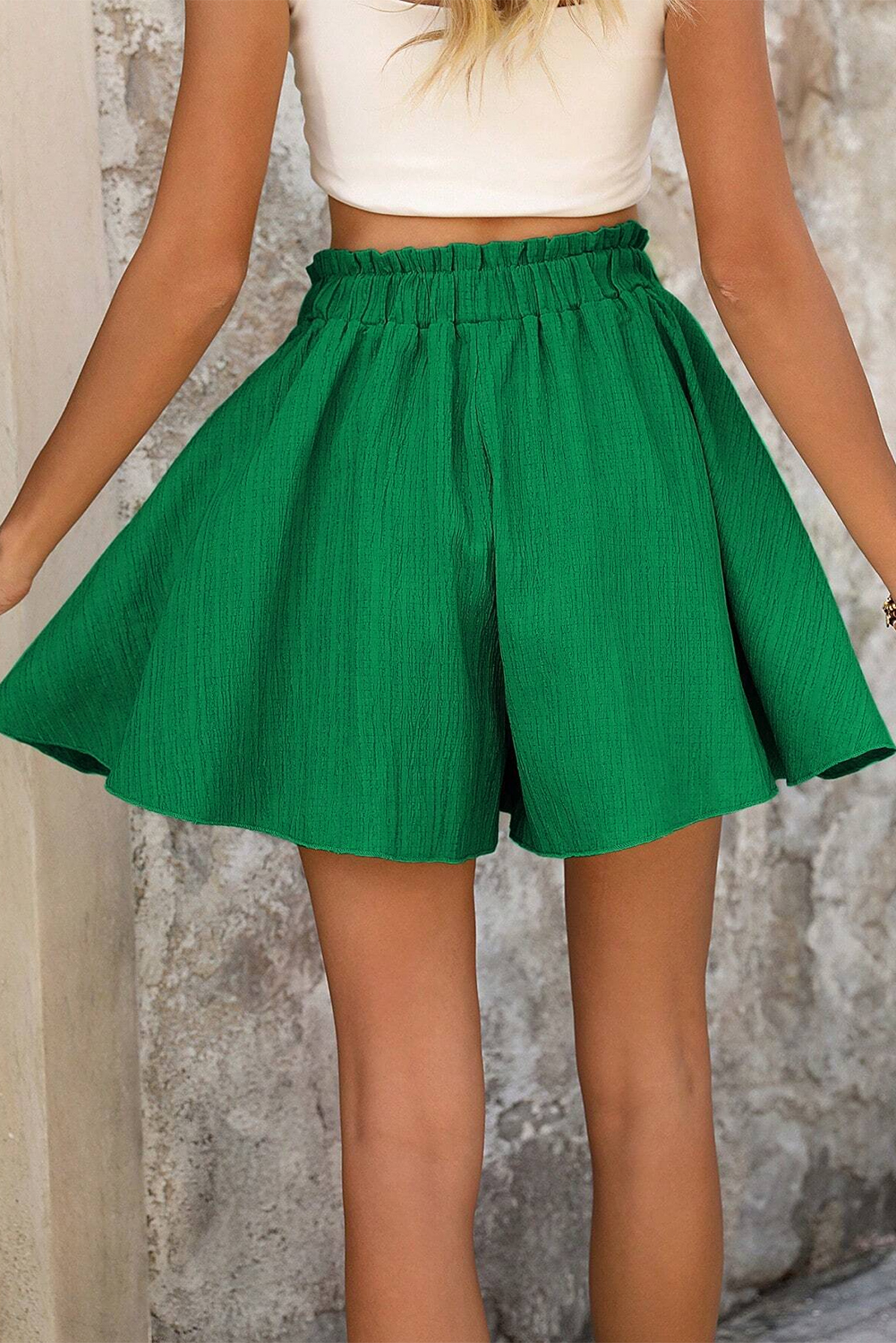 Dark Green Textured Frill High Waist Ruffle Wide Leg Shorts