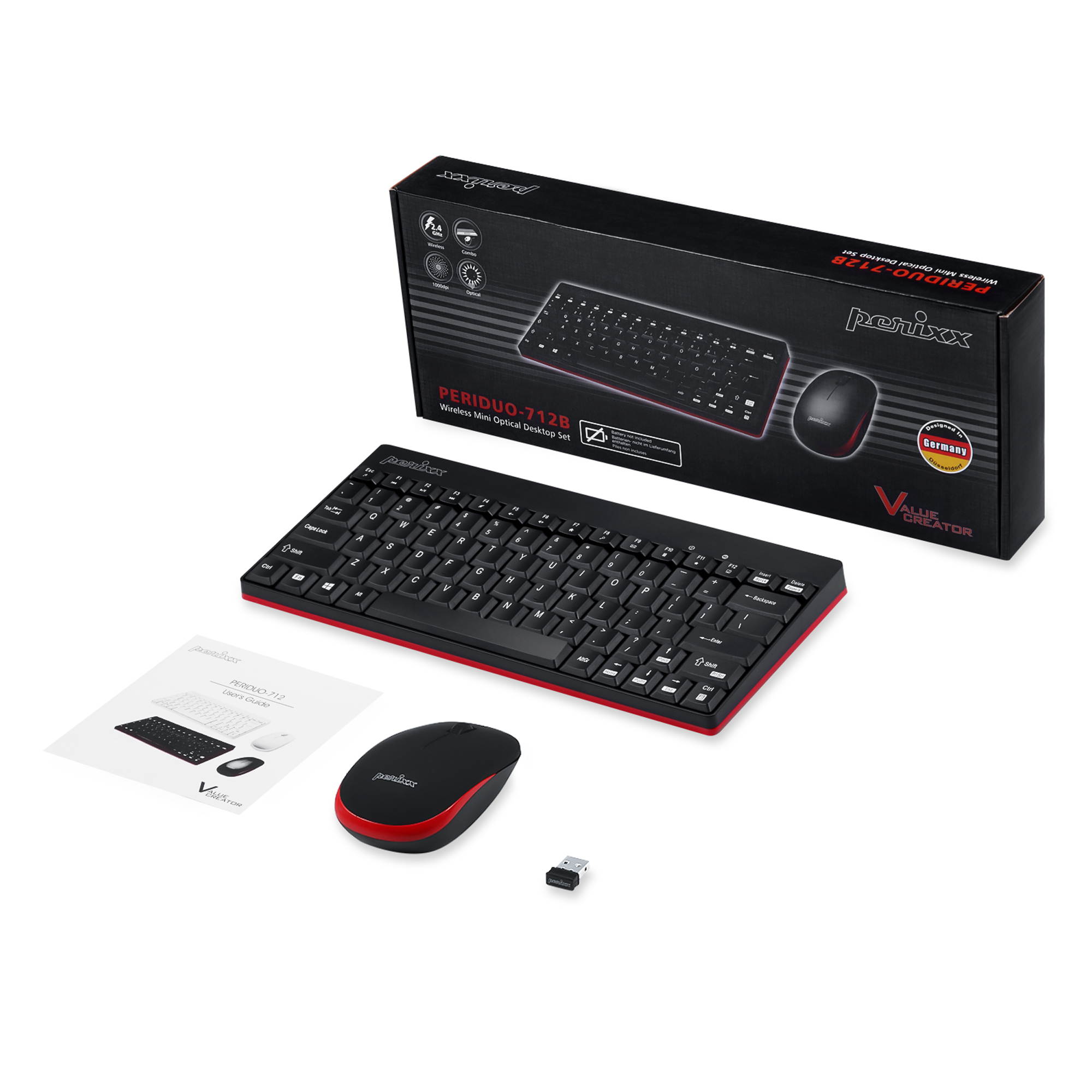Perixx PERIDUO-712 Wireless Mini Keyboard and Mouse Set, Portable Compact Size 13 Multimedia Hot Keys Keyboard and 1000 DPI Optical Mouse Combo, Black, US Layout
