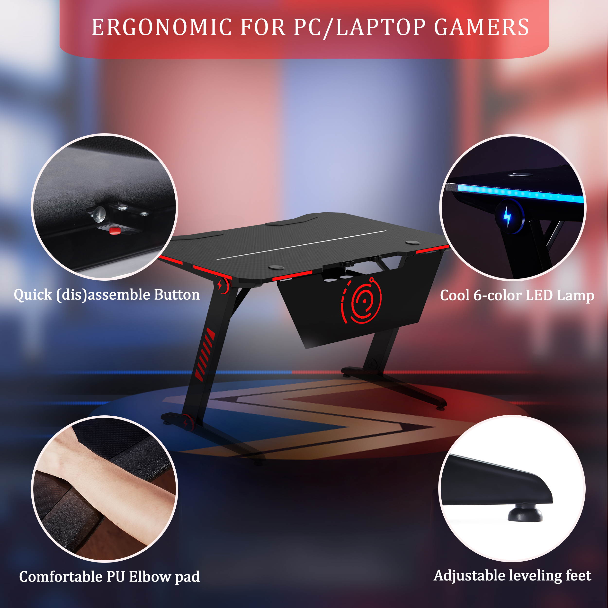 Gaming Desk Plus Home Office PC Computer Gamer Desks with RGB LED Lights Headphone Hook Black