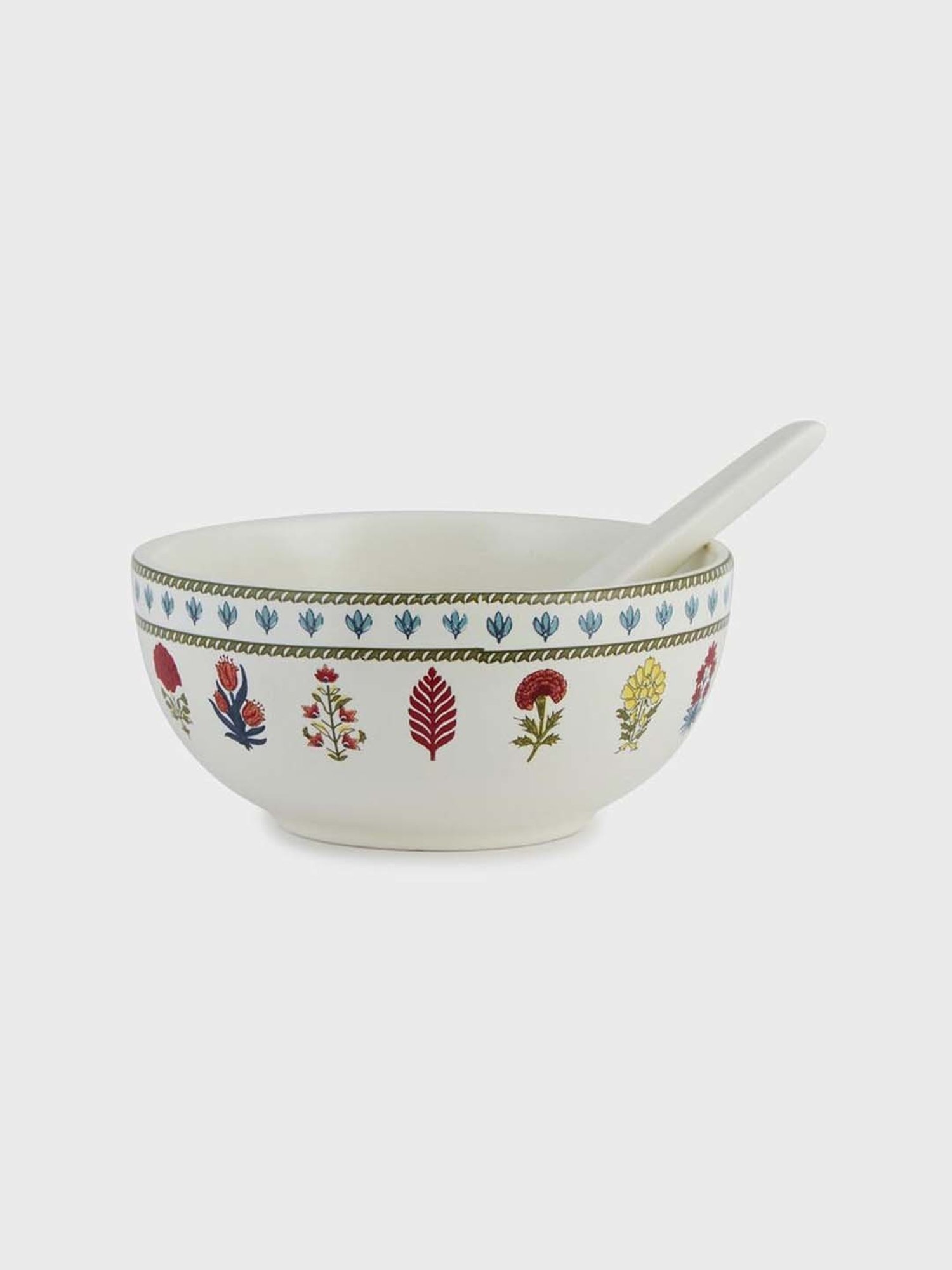 Fabindia Home Ramya Red & White Ceramic Soup Bowl With Spoon (350ml) - Set of 2