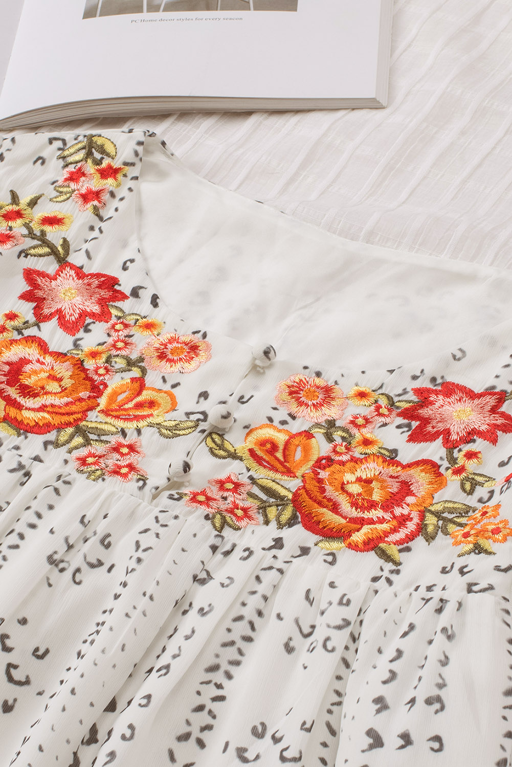 One World Apparel Jacquard Square Neck Short Sleeve Ivory Multi Floral Print Top