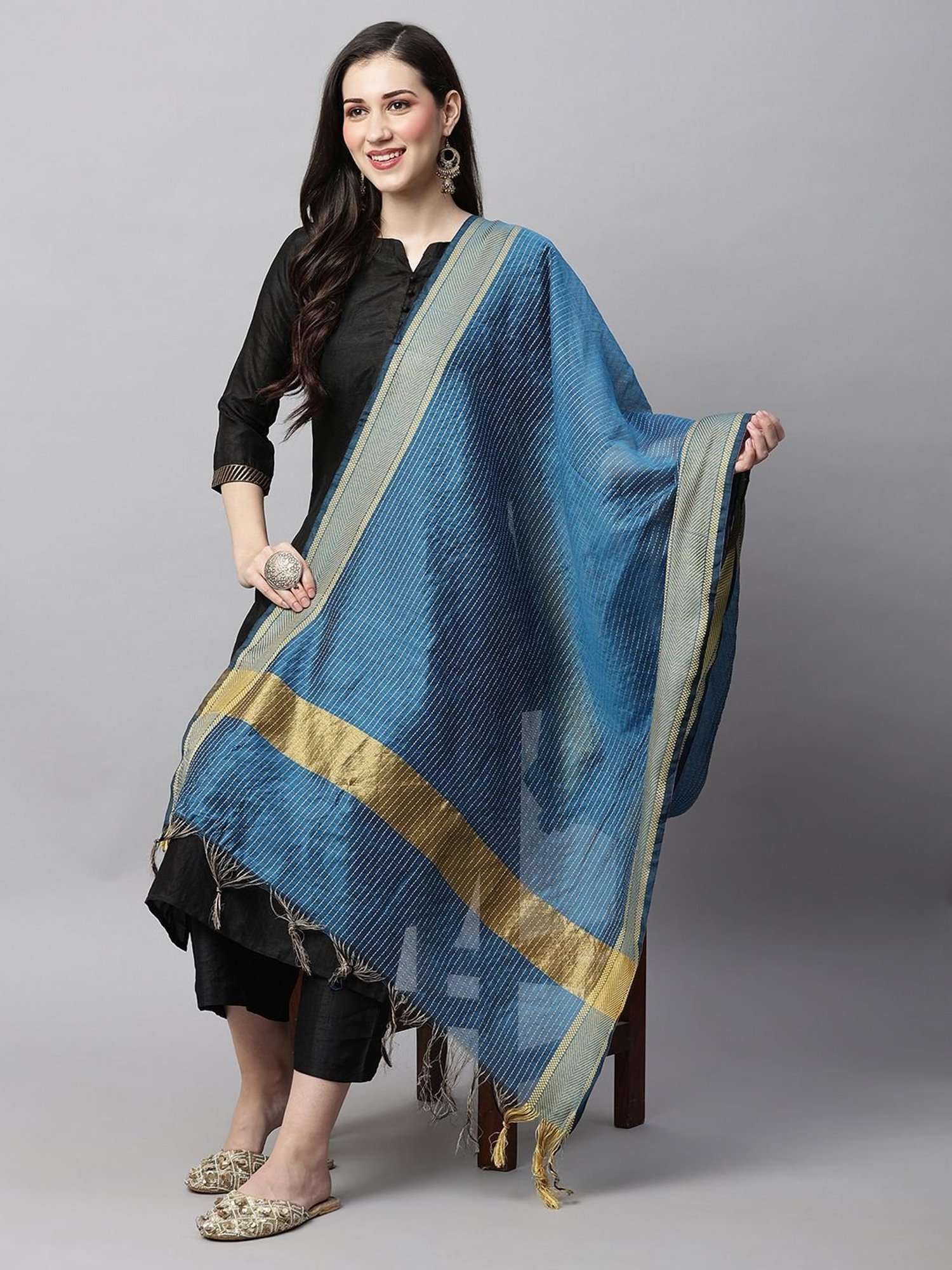 Indo Era Blue & Golden Woven Pattern Dupatta