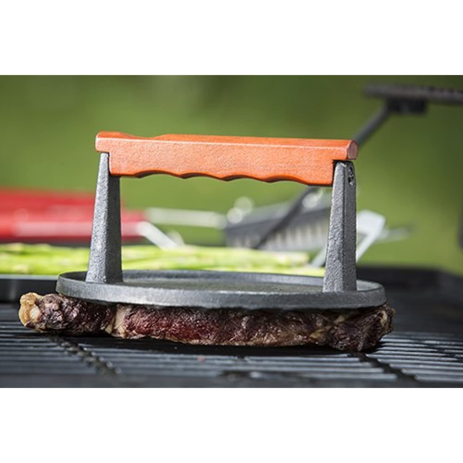 TableCraft BBQ3015 BBQ Coated Cast Iron 7-Inch Round Steak Weight with Wood Handle, Small, Black