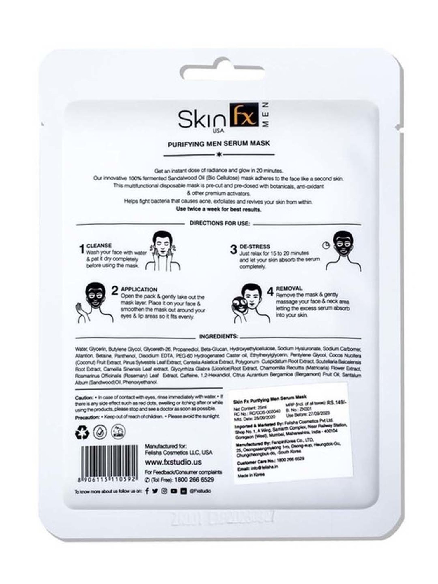 Skin Fx Lightening & Detan, Purifying Men Facial Serum Mask - Pack of 2
