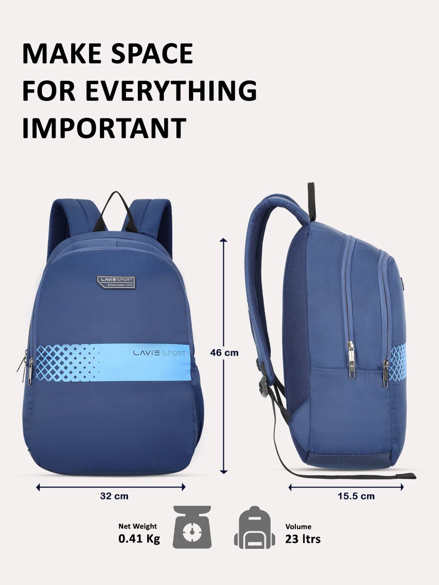 Lavie Sport Speedo 23L College Backpack For Boys & Girls|Men & Women (Navy)