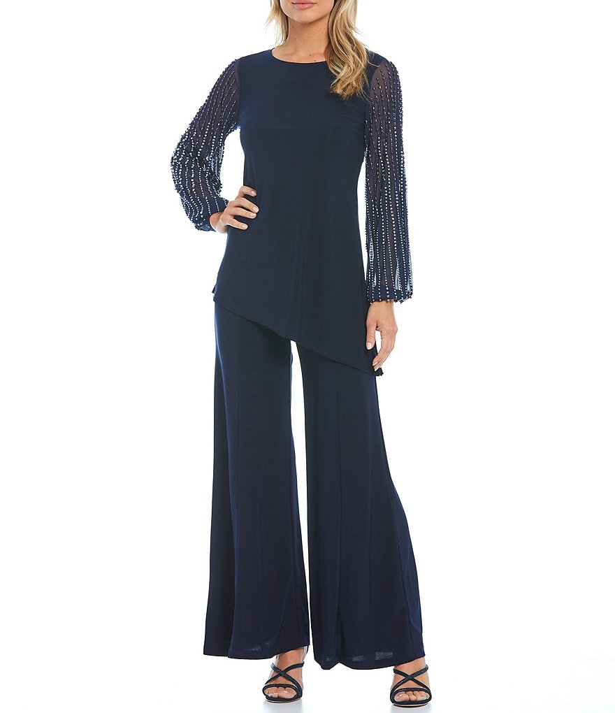 Marina Beaded Long Sleeve Round Neck 2-Piece Pant Set
