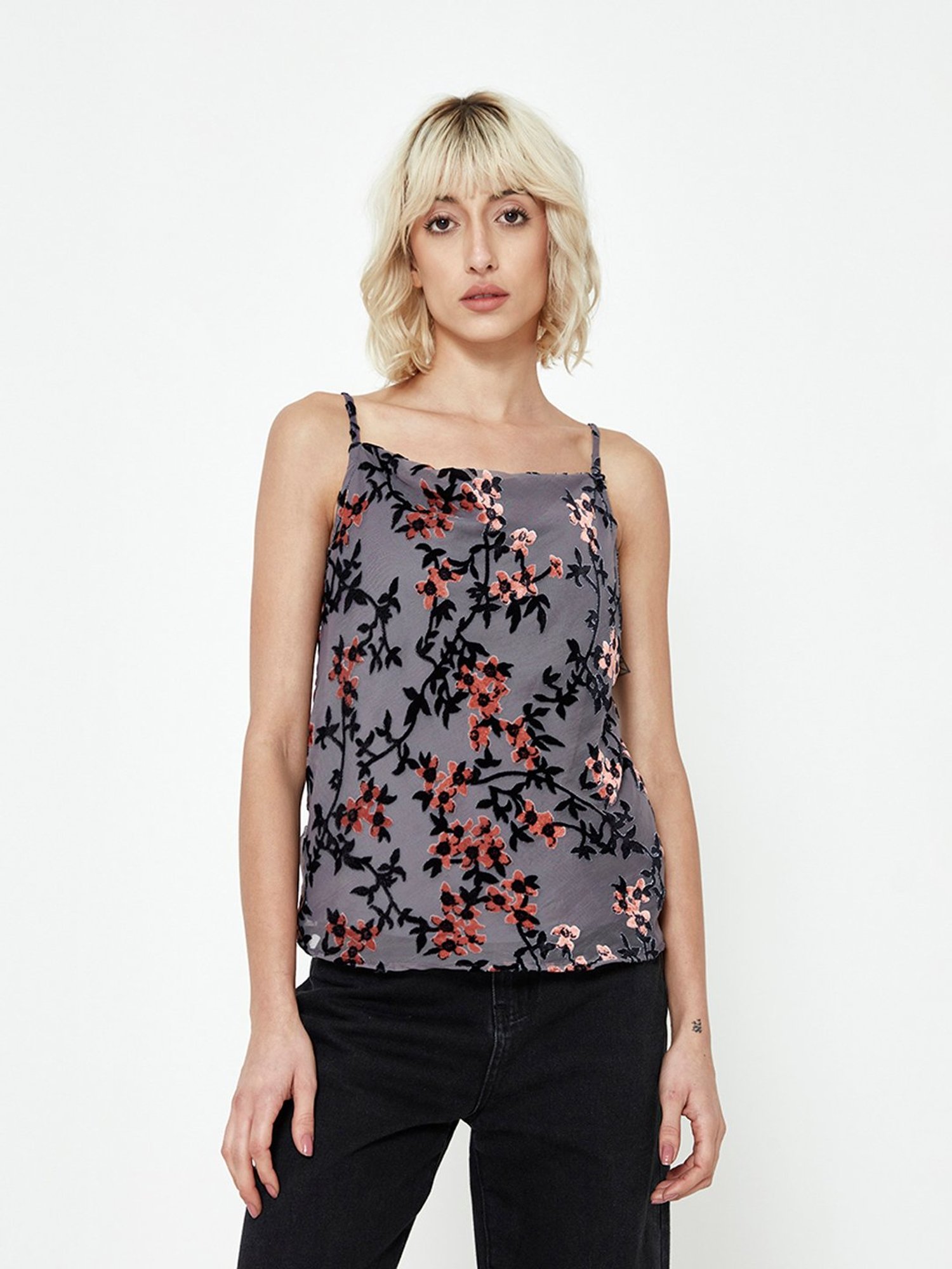Cover Story Grey Printed Spaghetti Top