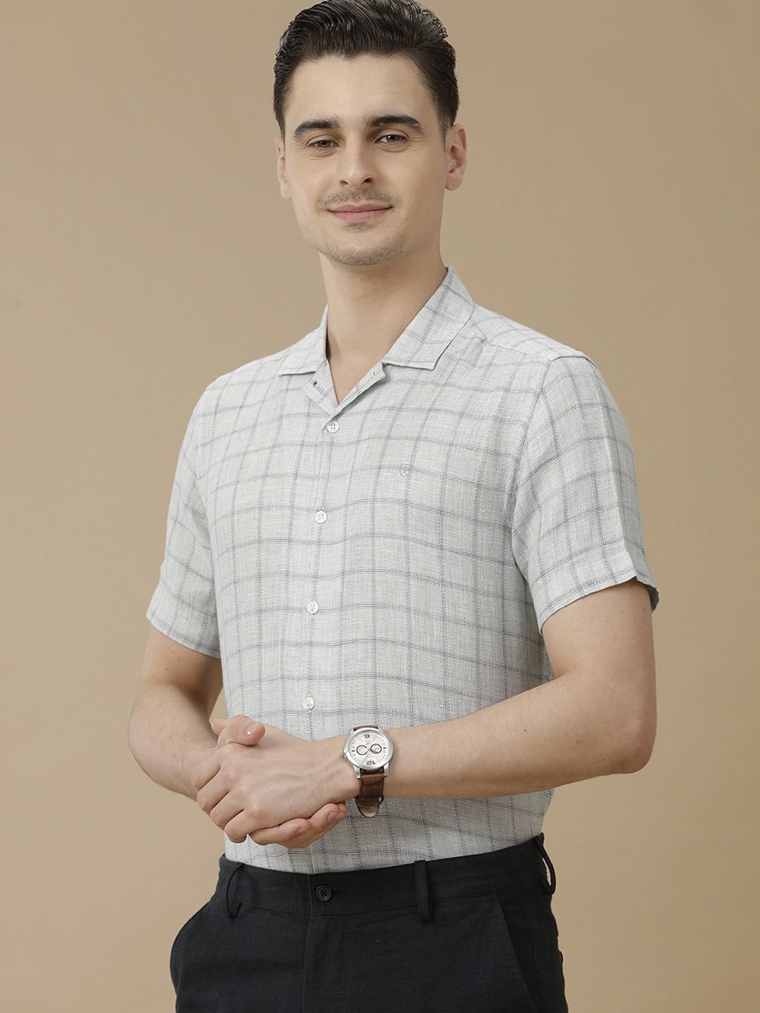 Linen Club Grey Linen Contemporary Fit Checks Shirt