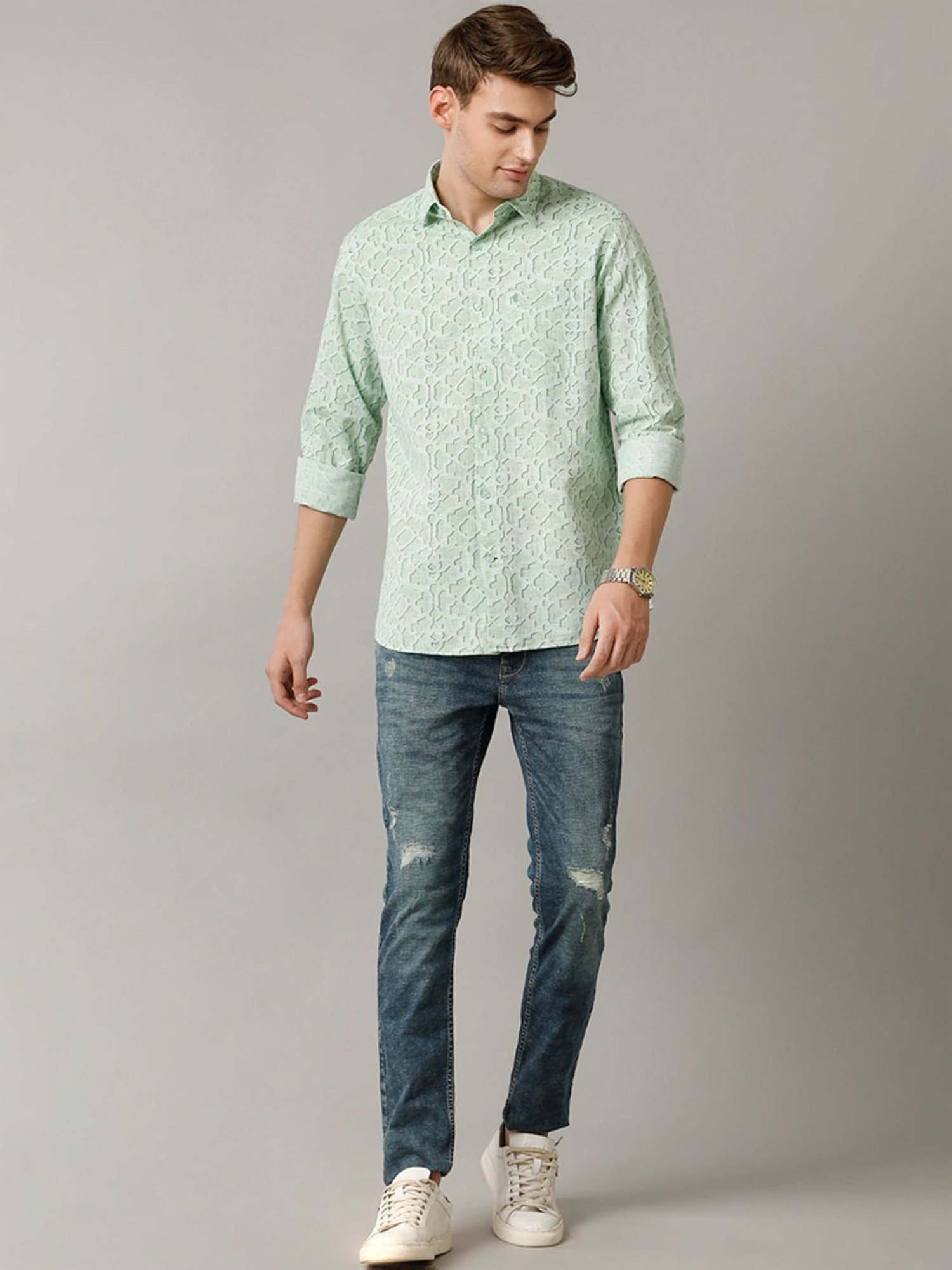 Cavallo By Linen Club Green Linen Contemporary Fit Printed Shirt