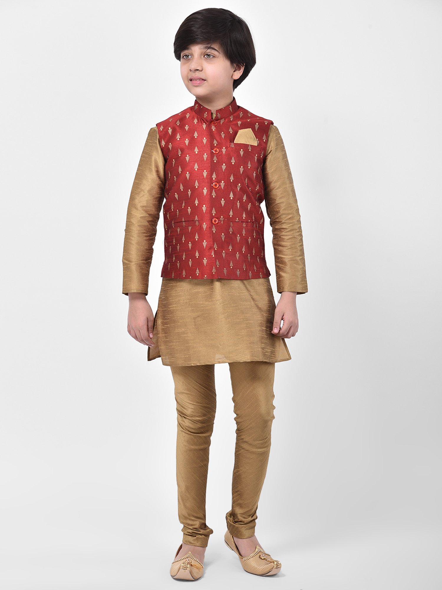 Deyann Kids Red Embroidered Nehru Jacket