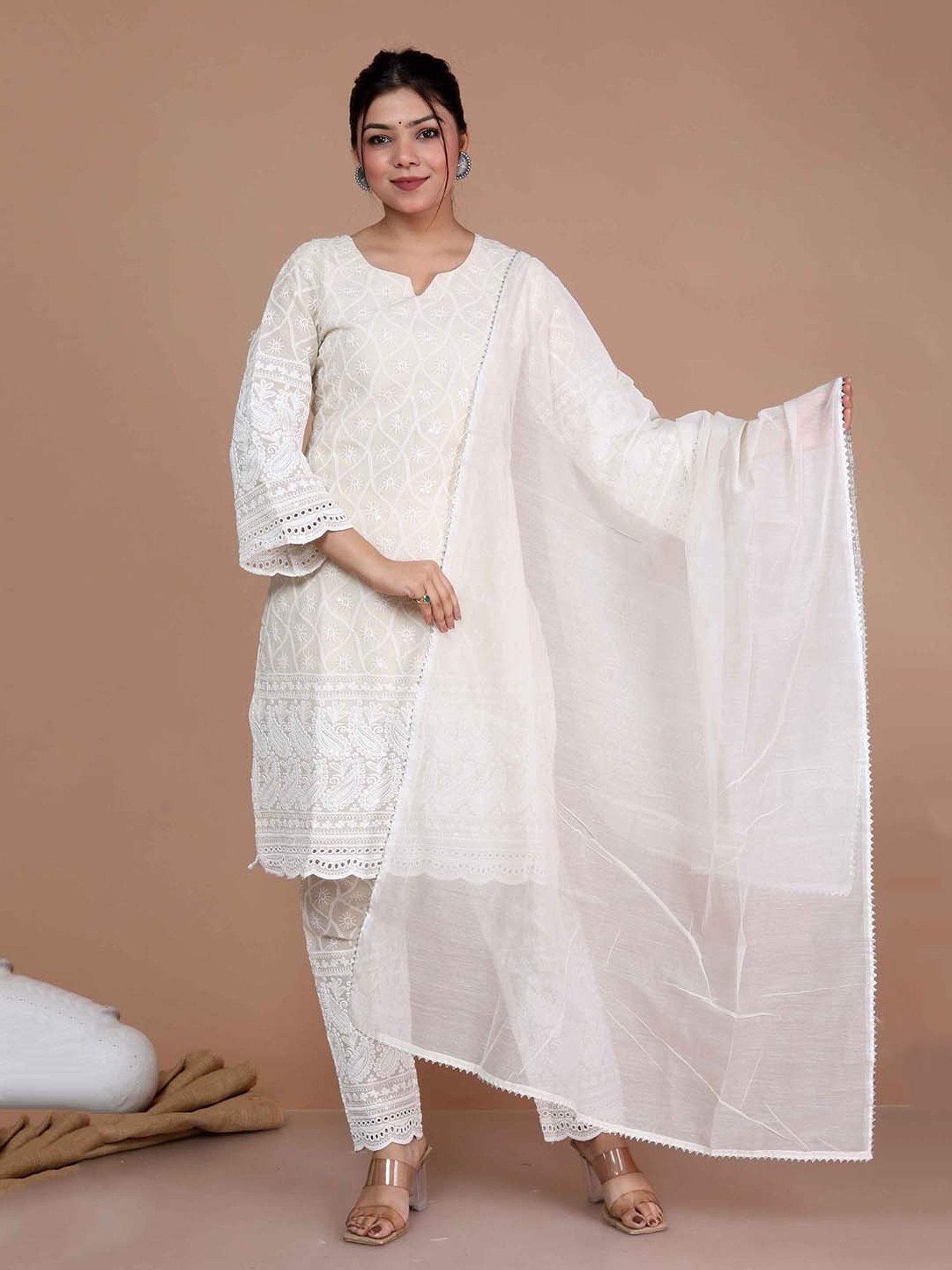 Miravan Beige Embroidered Kurta With Palazzo & Dupatta