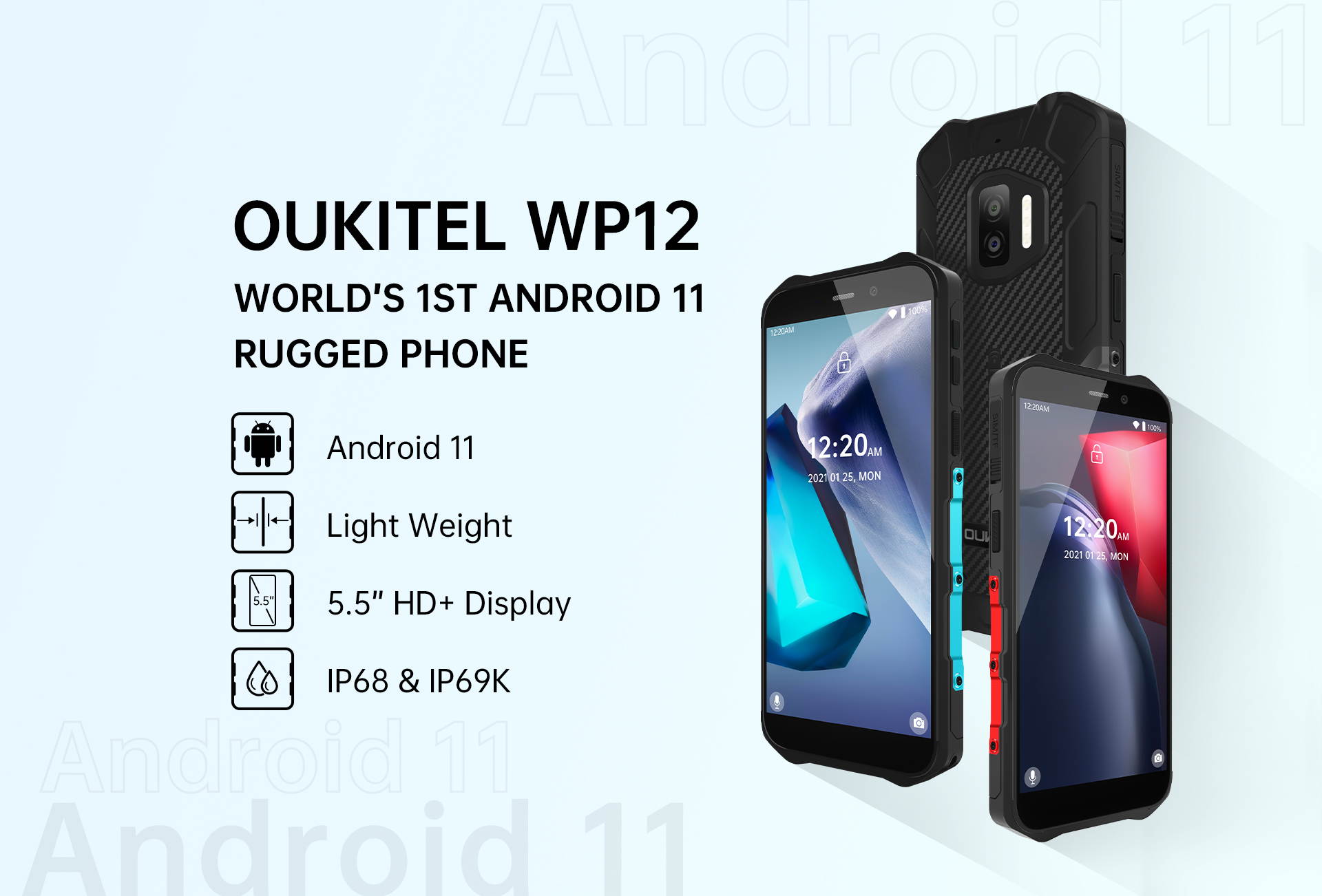 Rugged IP68 / 69K WP12 Smartphone 4GB + 32GB 4000mAh Quad Core Android11 Mobile Phone 5.5 "HD + 500W / 1300W 13MP Camera Phone