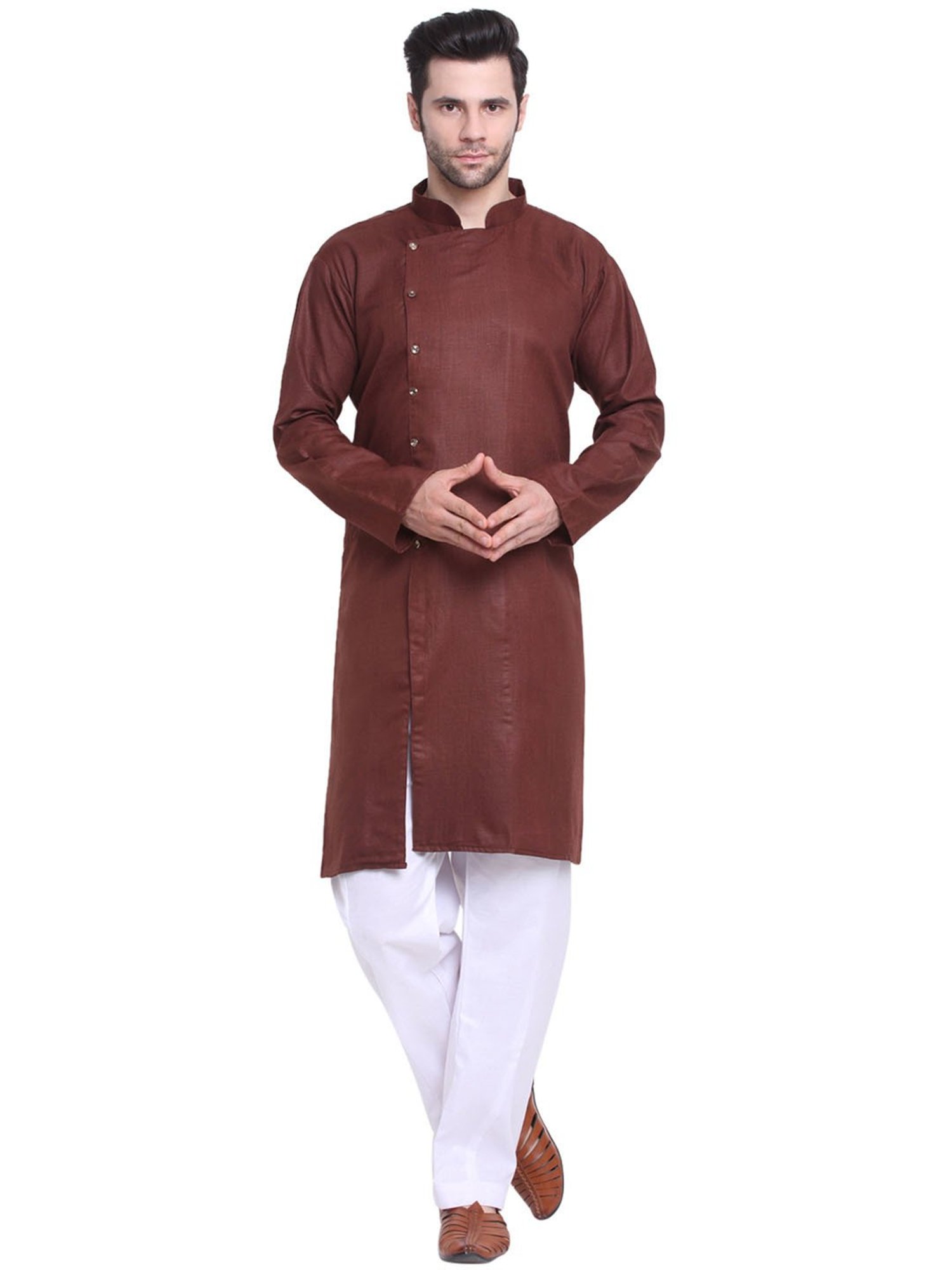 Benstoke Brown & White Regular Fit Angrakha Kurta & Pyjamas Set