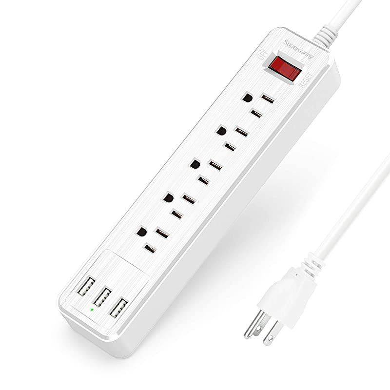 Mountable Surge Protector Power Strip with USB 5 Outlets 3 USB Ports Extension Cord with A Hook & Loop Fastener, for iPhone iPad Tablet PC Home Office Travel White