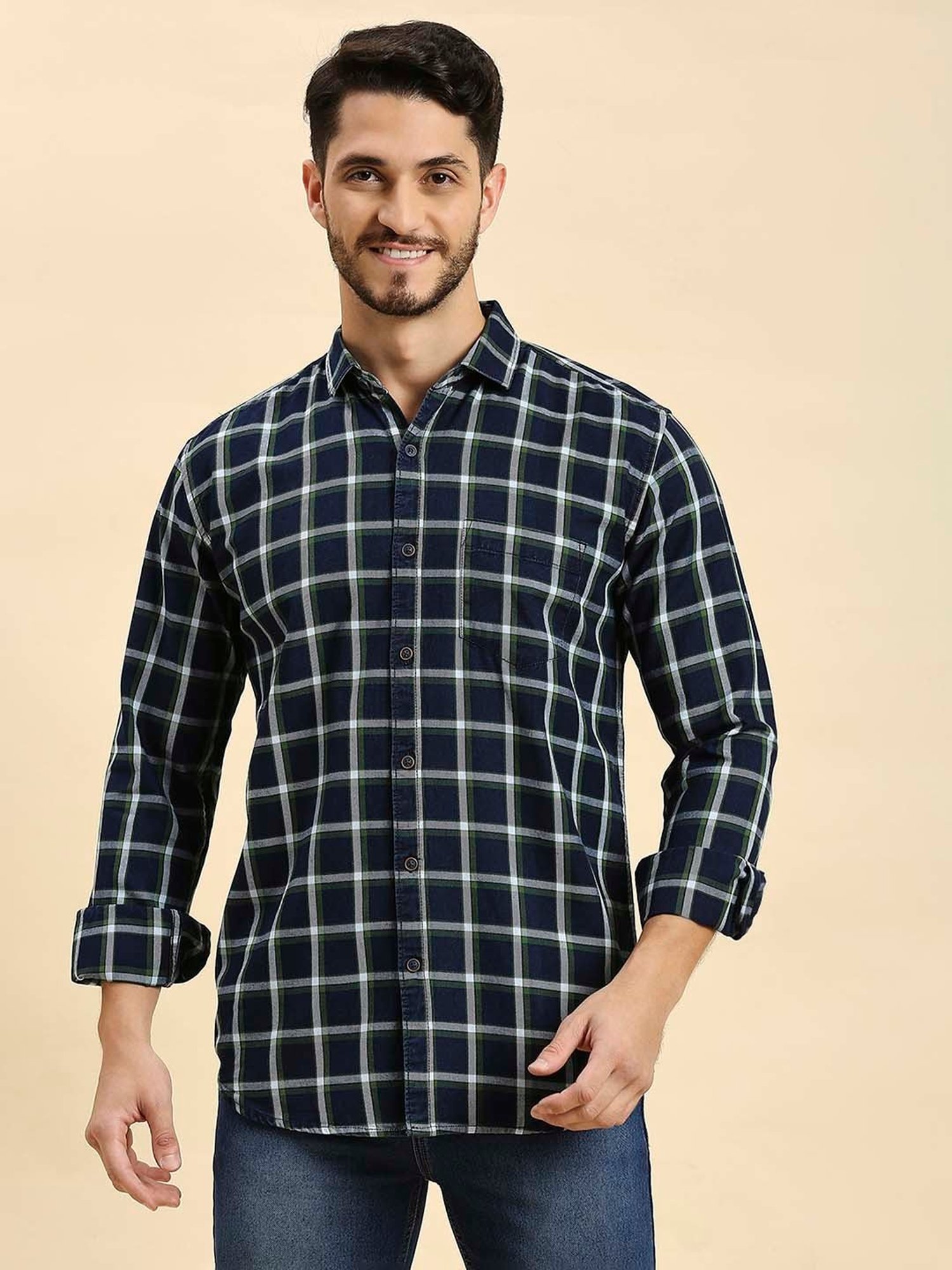 HJ HASASI Navy Slim Fit Check Cotton Shirt