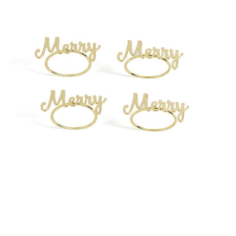 Set of Four Merry Napkin Rings - Gold - Shiraleah