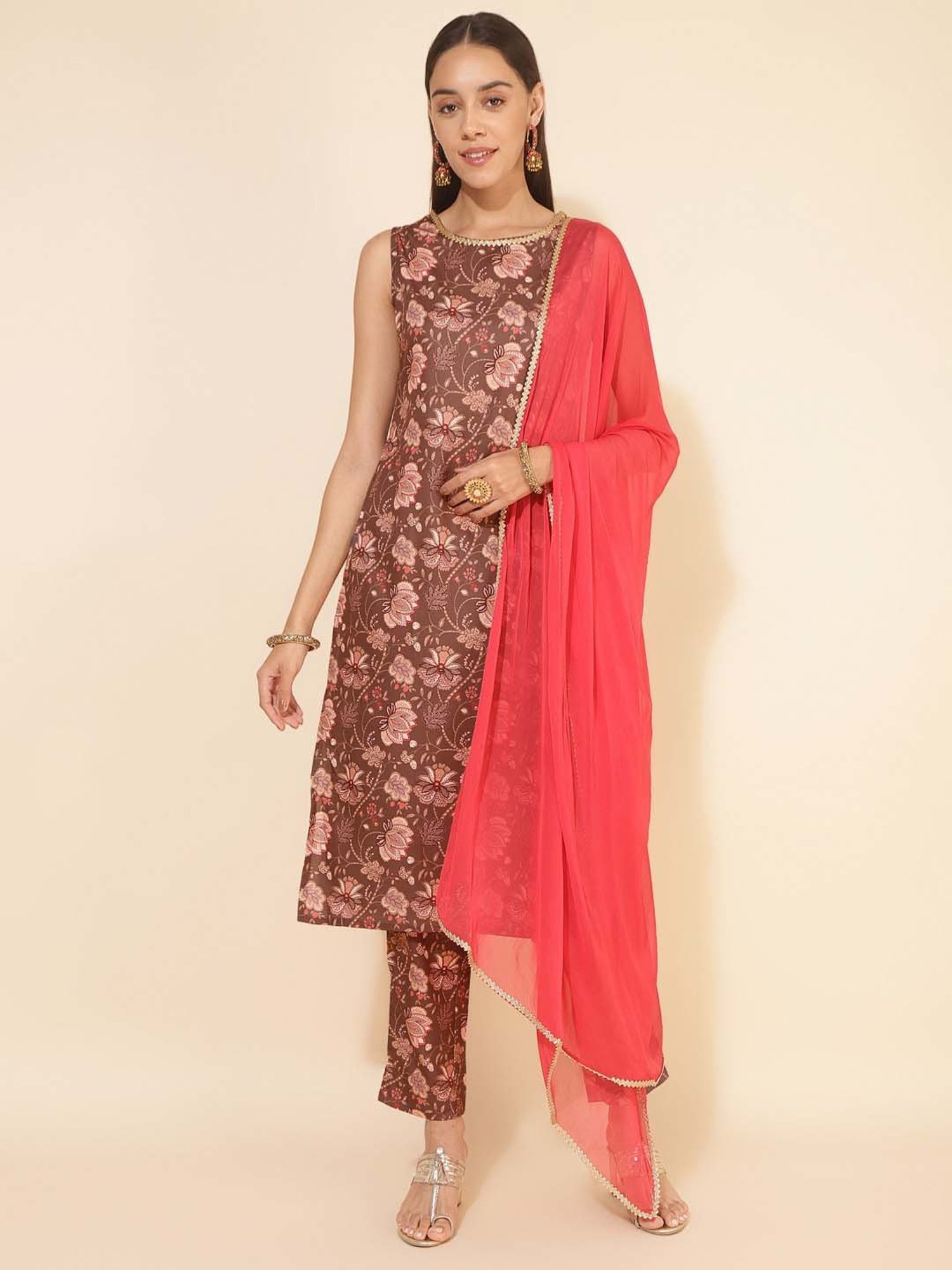 Janasya Brown Crepe Floral Print Kurta Pant Set With Dupatta