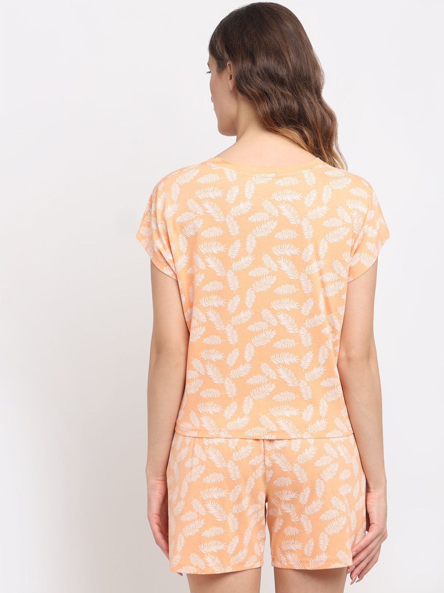 Kanvin Peach Printed Crop Top with Pyjamas and Shorts