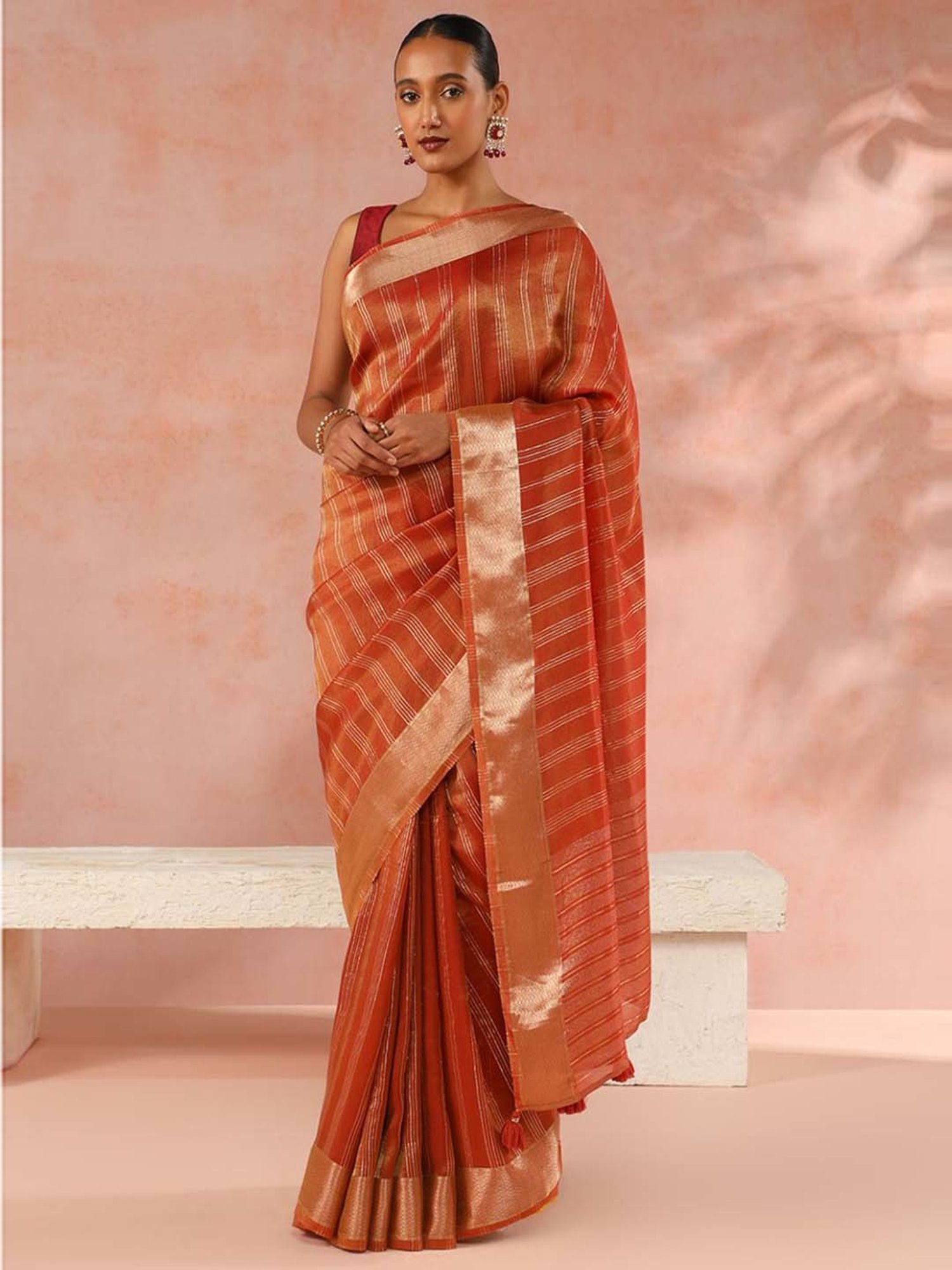 Taneira Orange Woven Saree With Unstitched Blouse