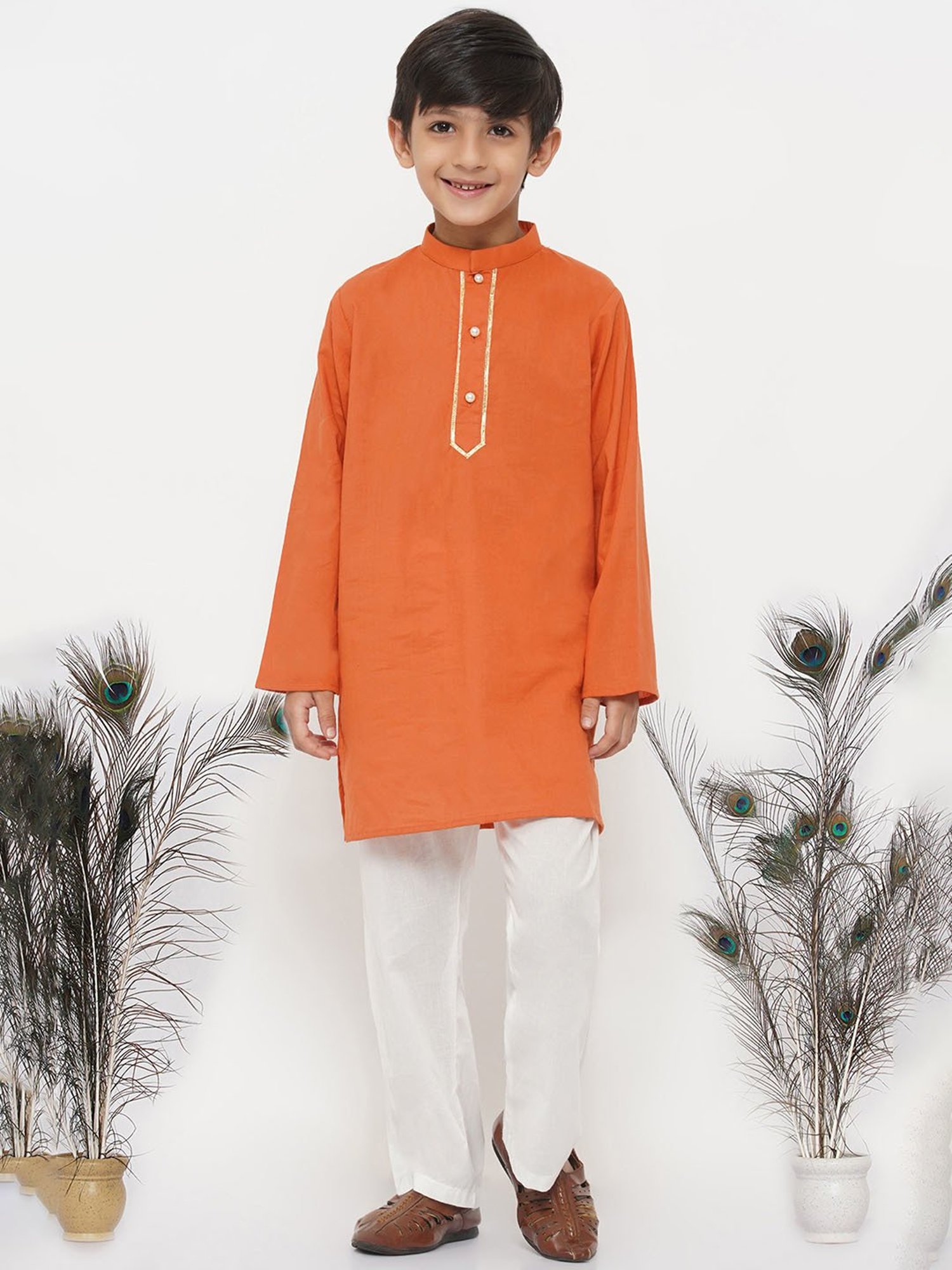 Little Bansi Orange & White Solid 1 Kurta + 1 Pyjamas