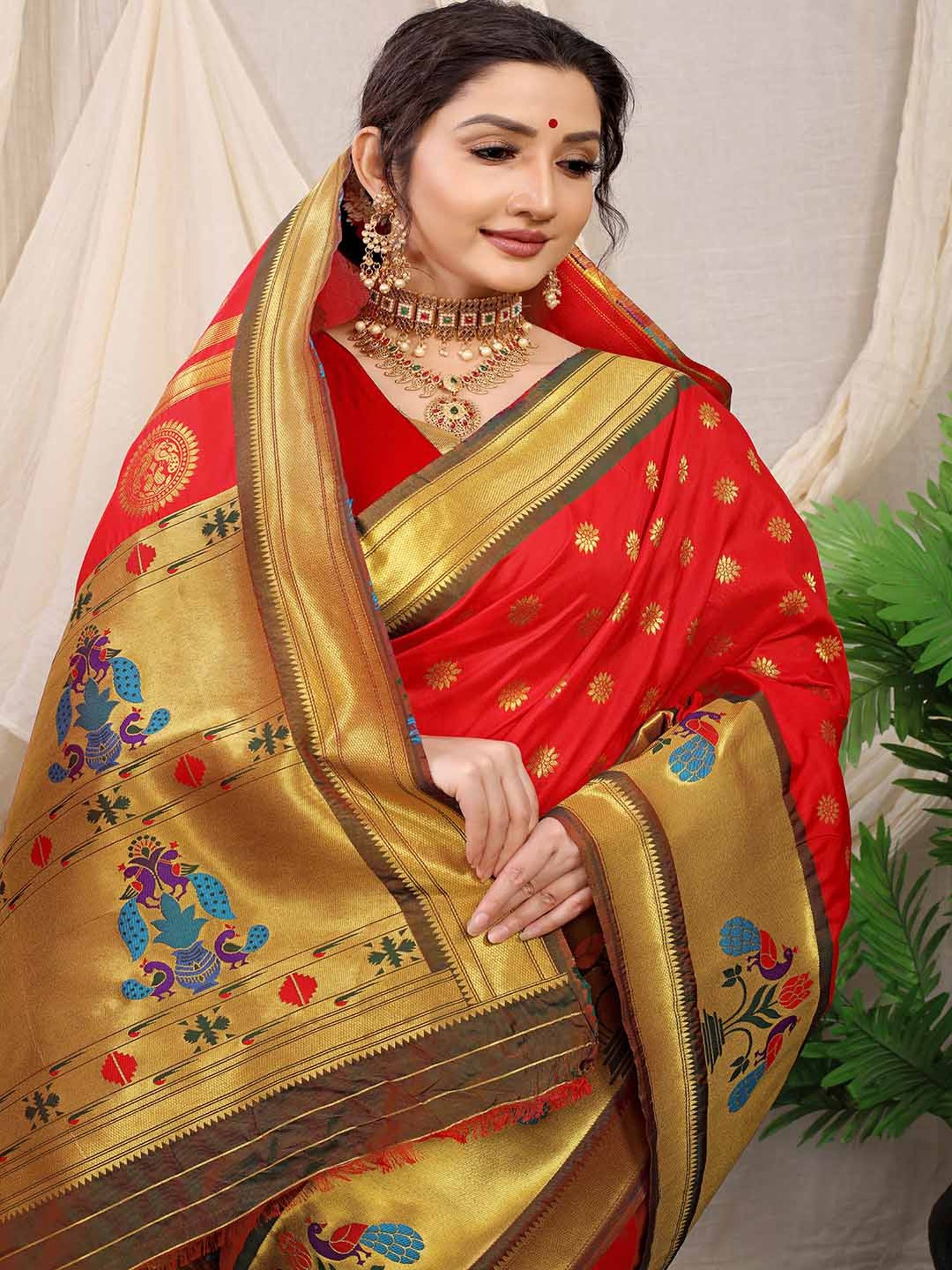 SHUBHKALA Red Silk Woven Saree With Unstitched Blouse