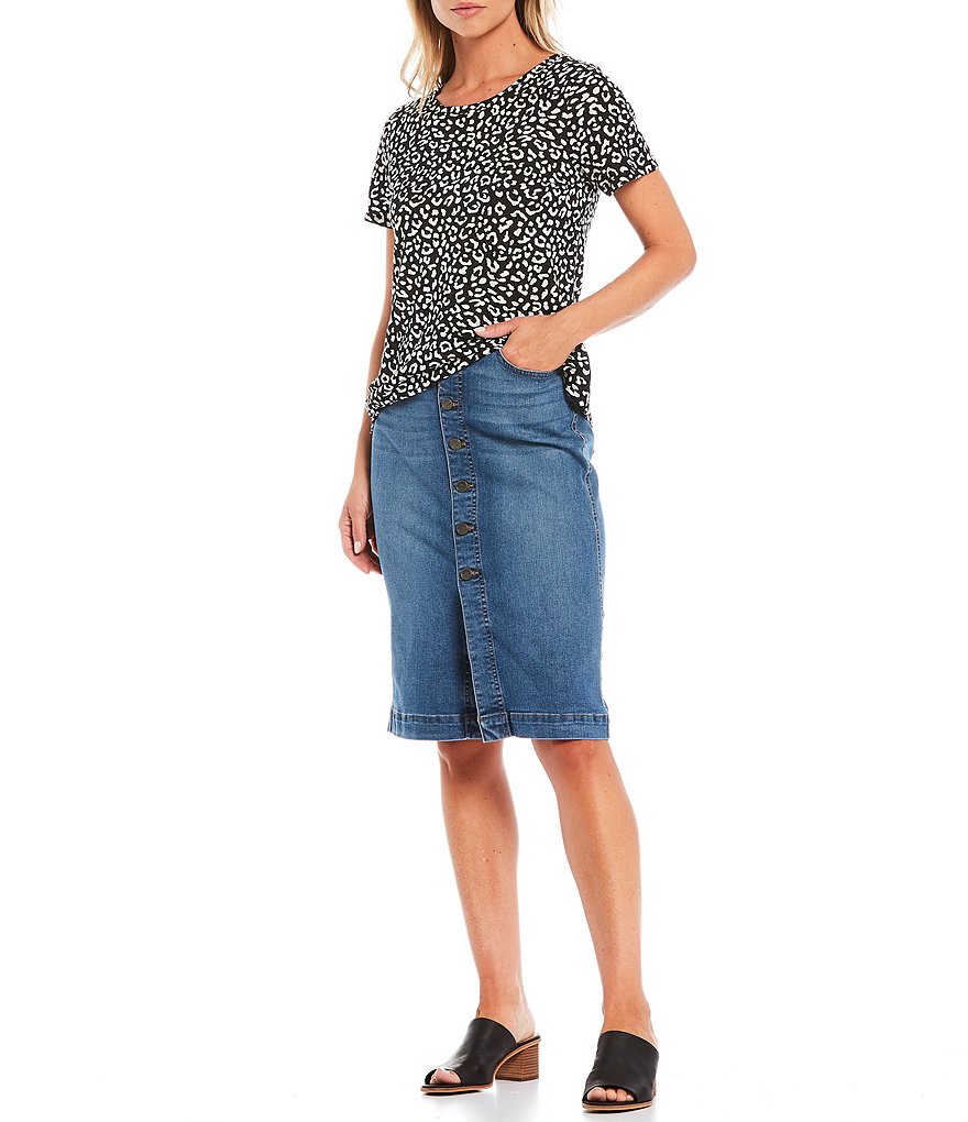 Code Bleu Button Front Knee Length Denim Skirt