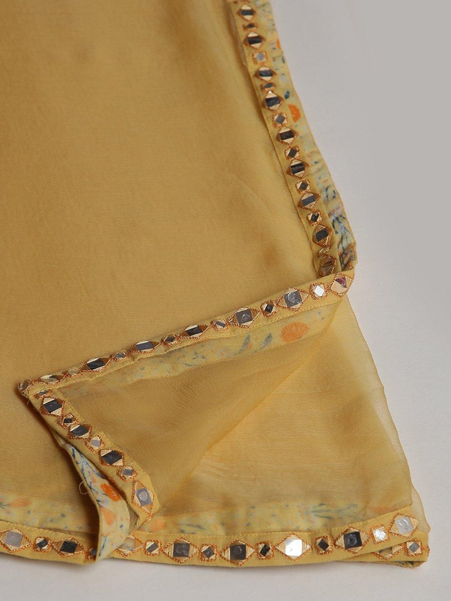 Biba Yellow Embellished Kurta With Pant & Dupatta
