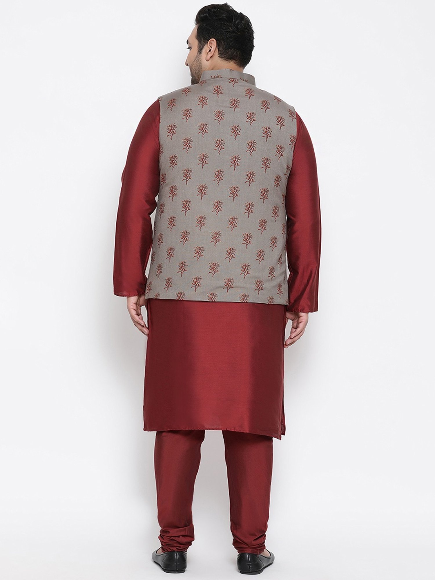 KISAH PLUS Grey & Maroon Regular Fit Printed Kurta Set With Jacket
