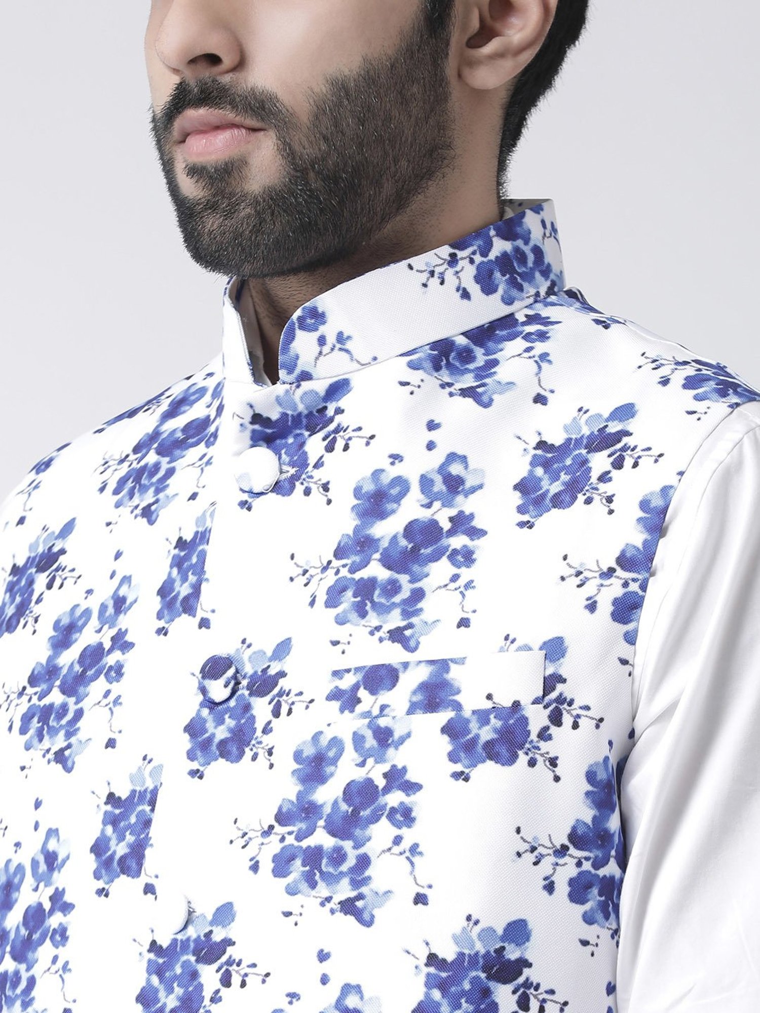Hangup Plus White & Blue Regular Fit Printed Nehru Jacket
