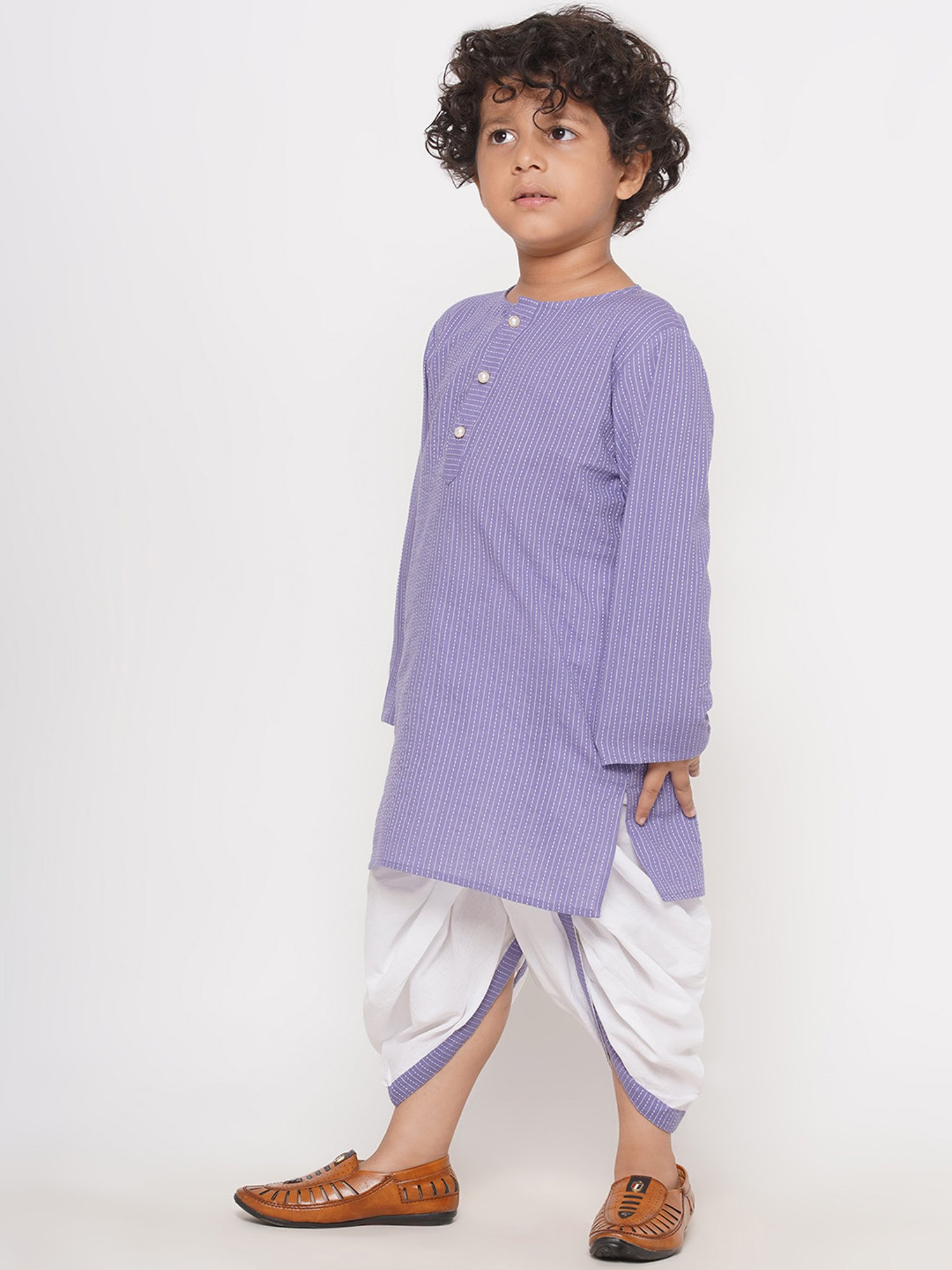 Little Bansi Kids Light Purple & White Striped Full Sleeves Kurta with Dhoti