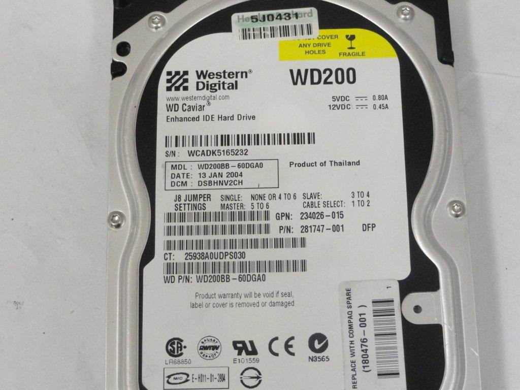 HDD 20GB IDE, WD CAVIAR WD200BB-60DGA0 29DEC2002 DCM: HSBACV2CA P/N: 281747-001