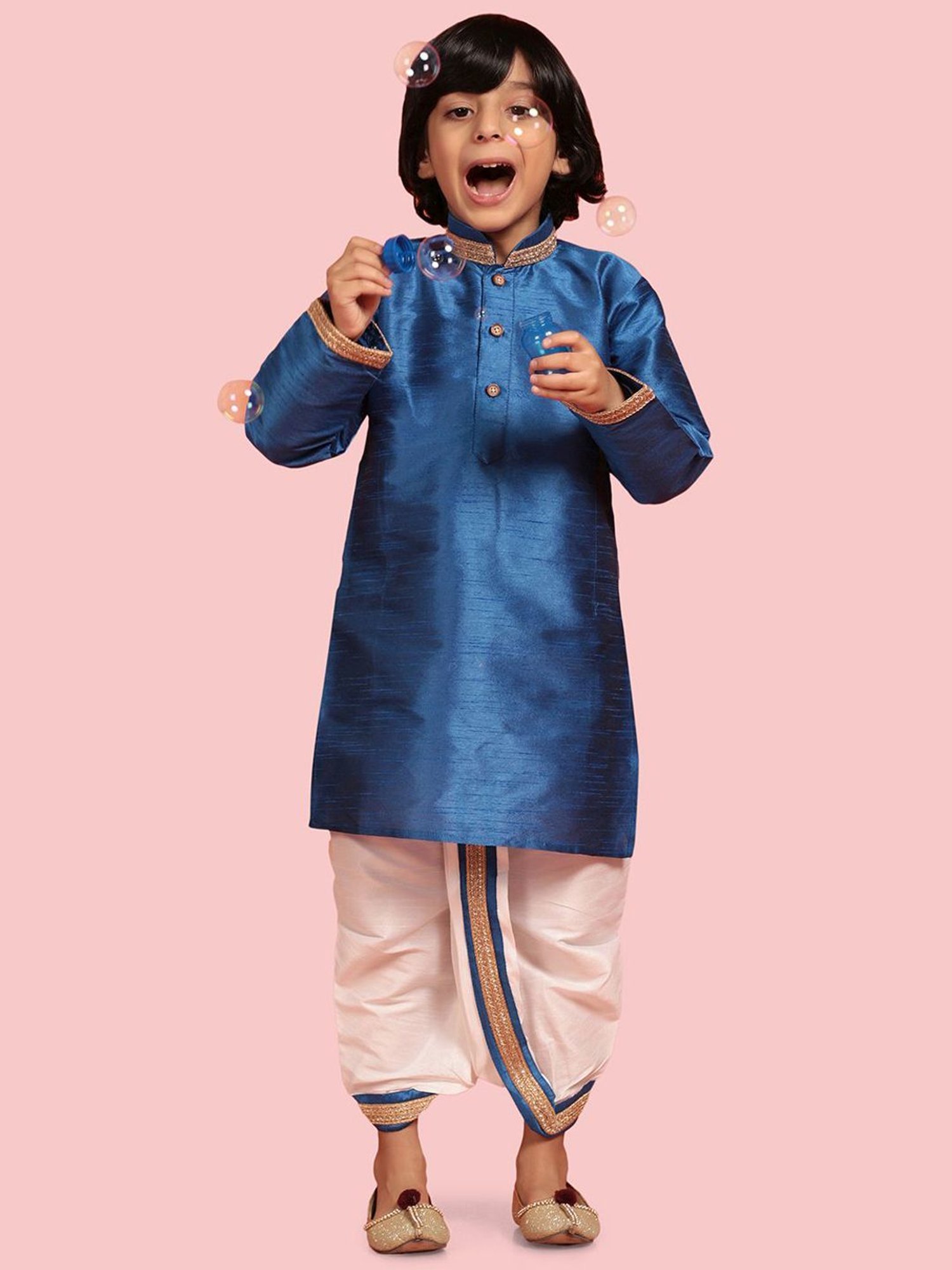 AJ Dezines Kids Blue & White Embroidered Full Sleeves Kurta Set